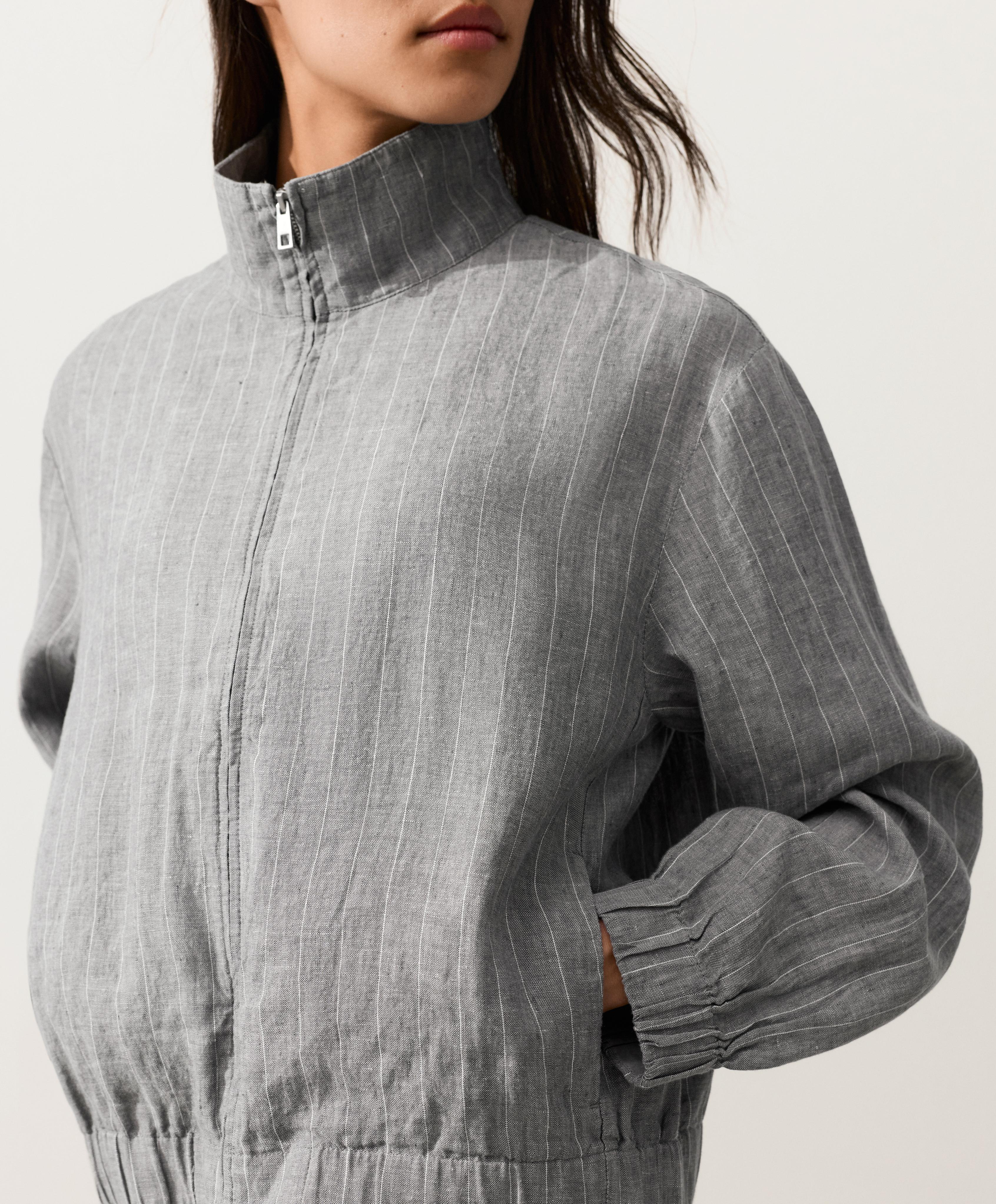 Pinstriped 100% linen high-neck jacket — MID GREY