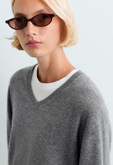 100% cashmere V-neck knit jumper — MOTTLED GREY MELANGE 3