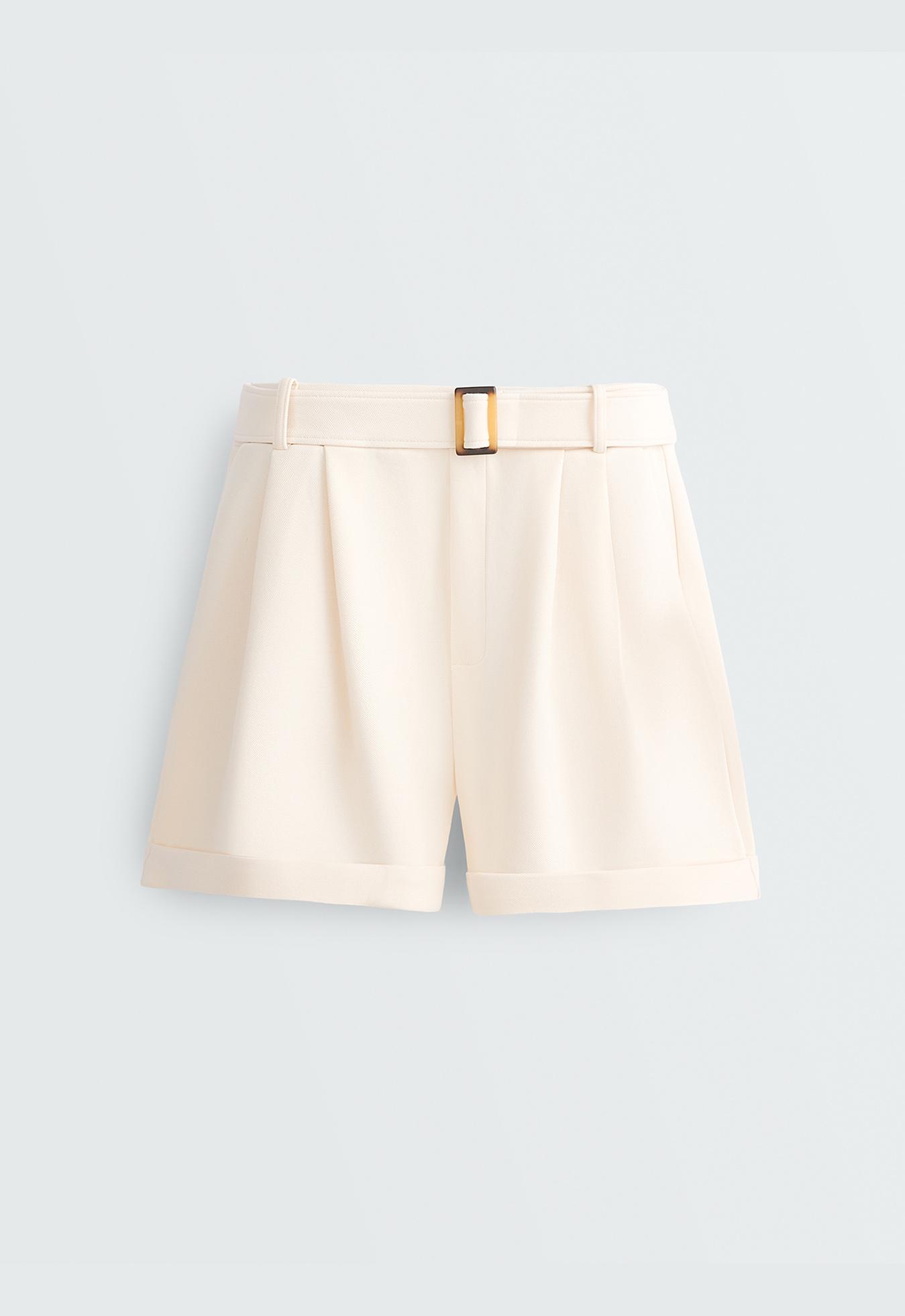 Cotton piqué belted shorts — PALE ECRU
