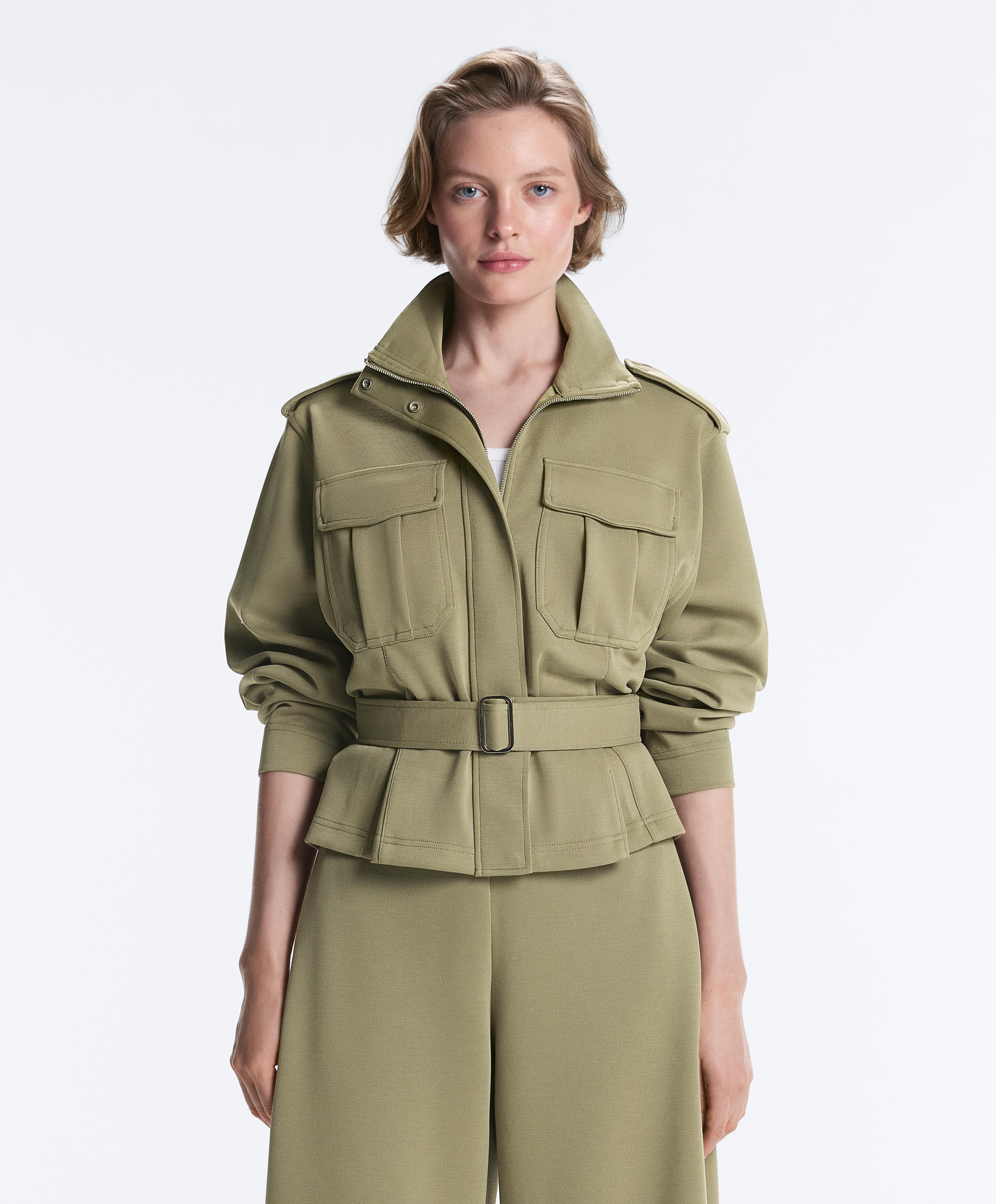 Cropped piqué utility jacket with belt — YELLOW GREEN