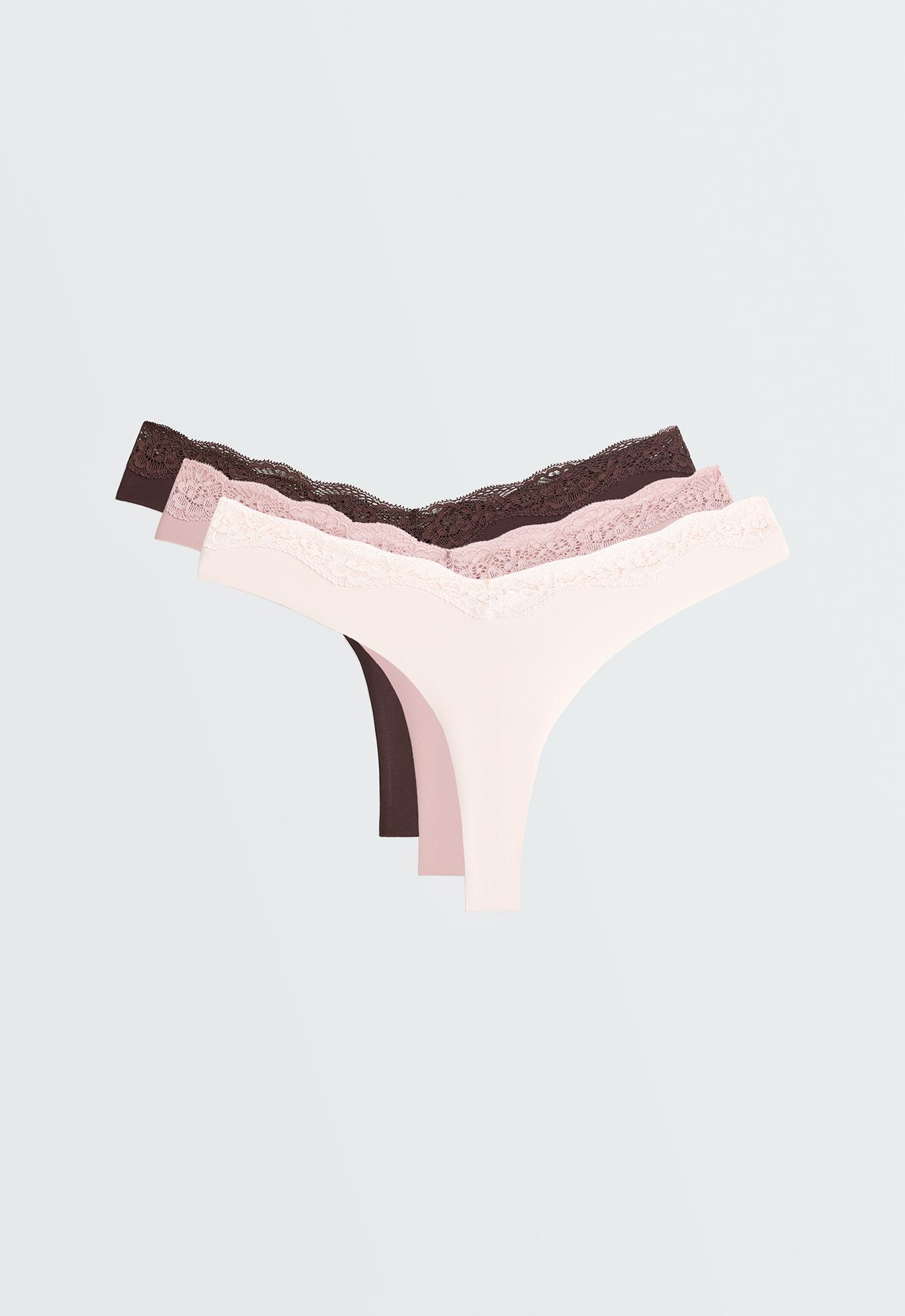 3 laser-cut polyamide blend lace thongs — CHOCOLATE