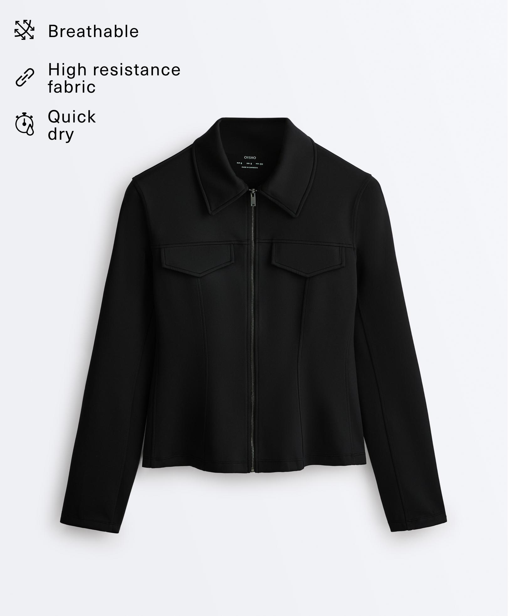 Neoprene-effect peplum jacket with ribbing — BLACK