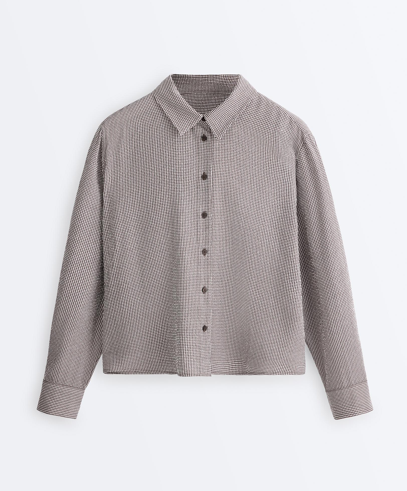 Short gingham lyocell blend shirt — DARK REDDISH‑BROWN