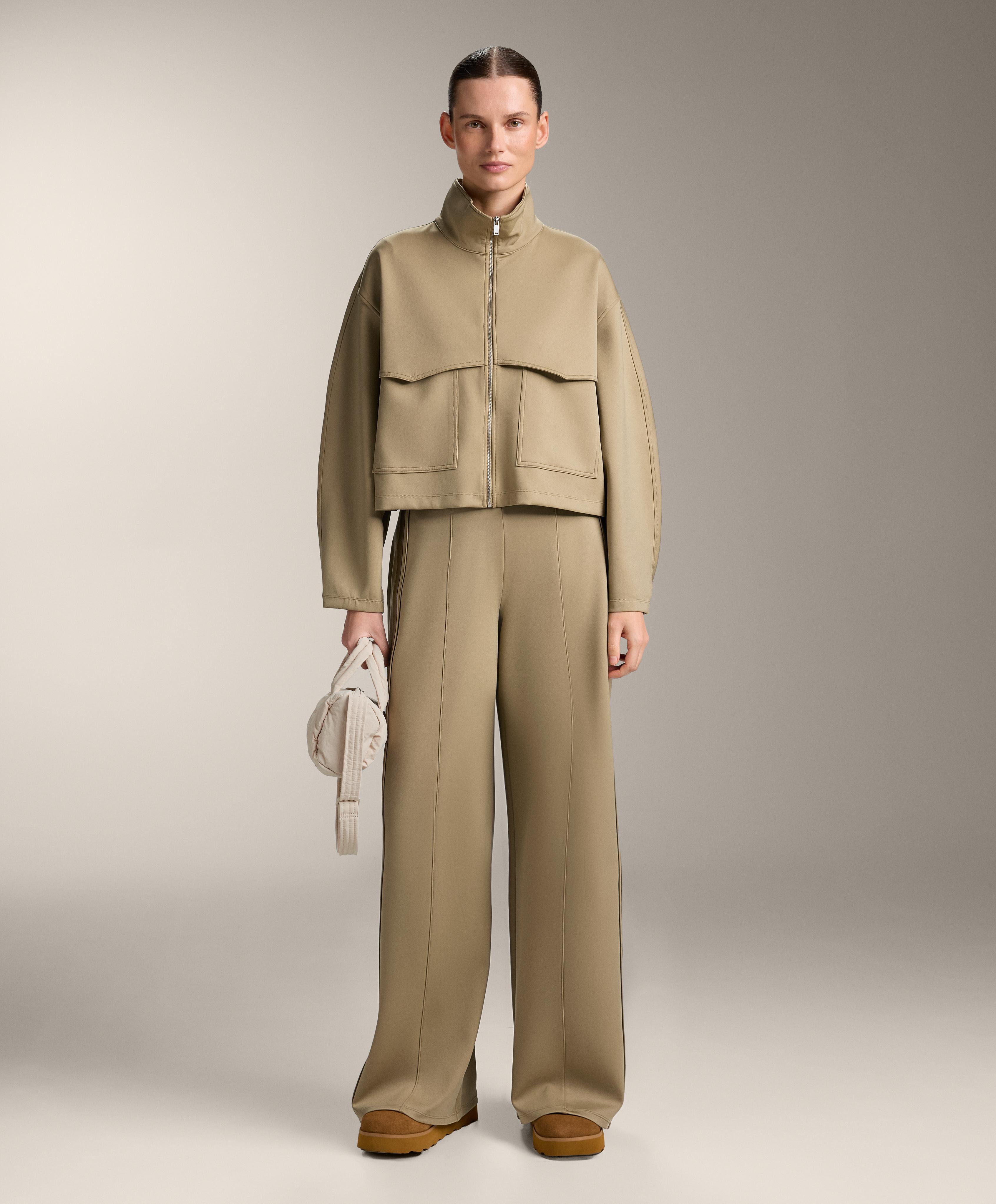 High rise neoprene-effect straight-leg trousers with piping