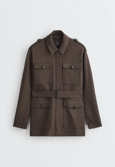 Long cotton piqué pockets jacket — BROWN 7