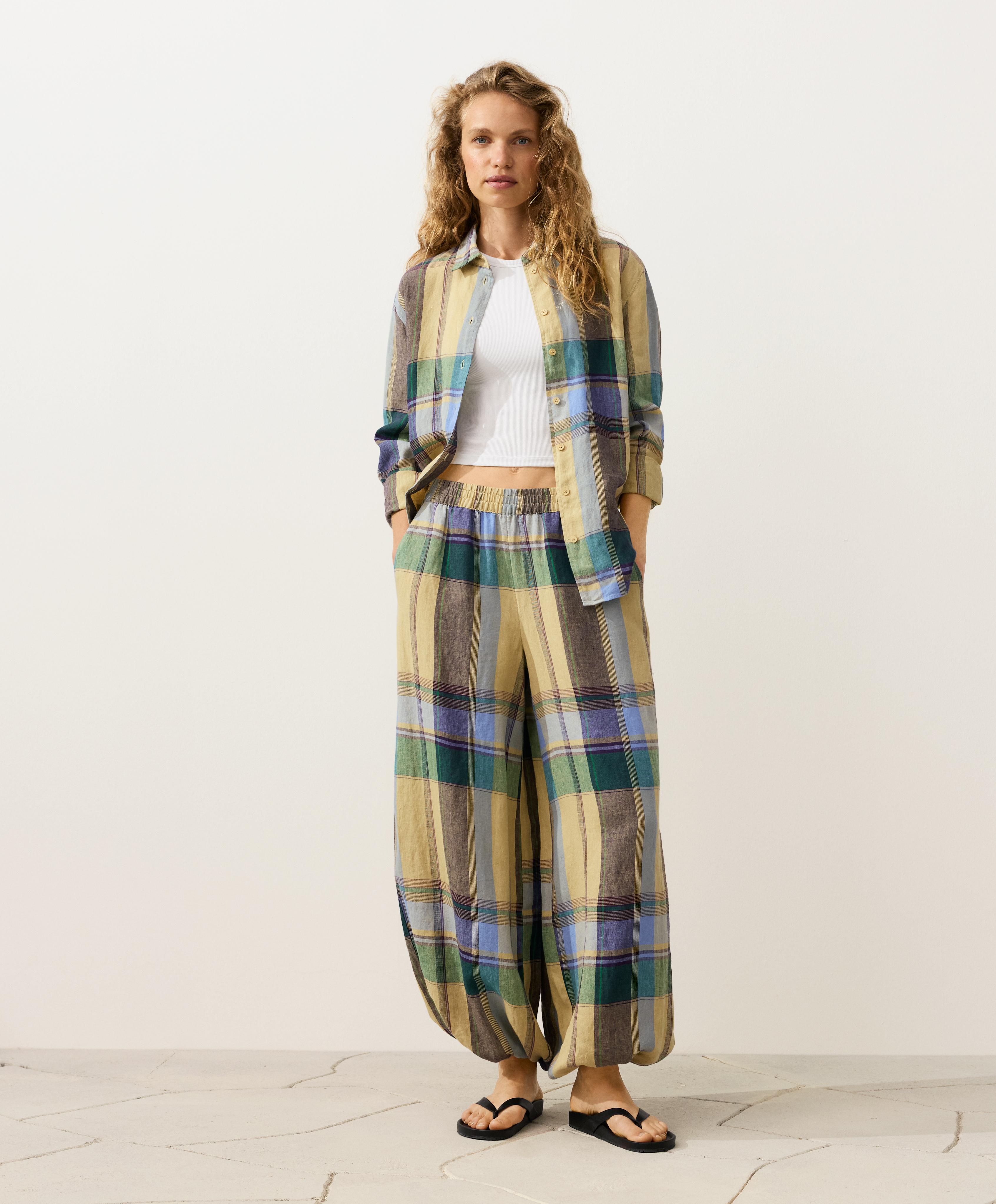 100% linen regular check shirt — MID-YELLOW