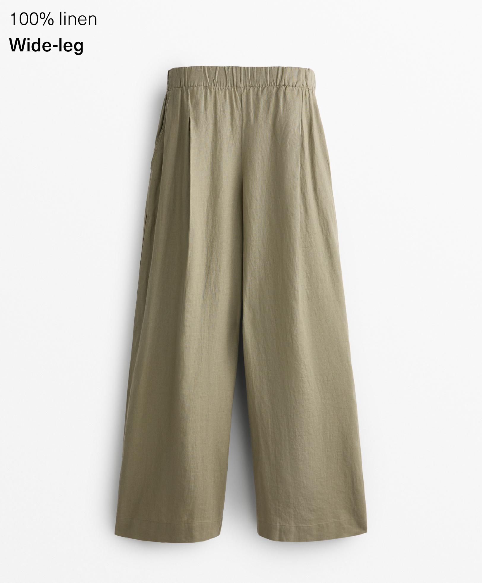 100% linen wide straight-leg trousers