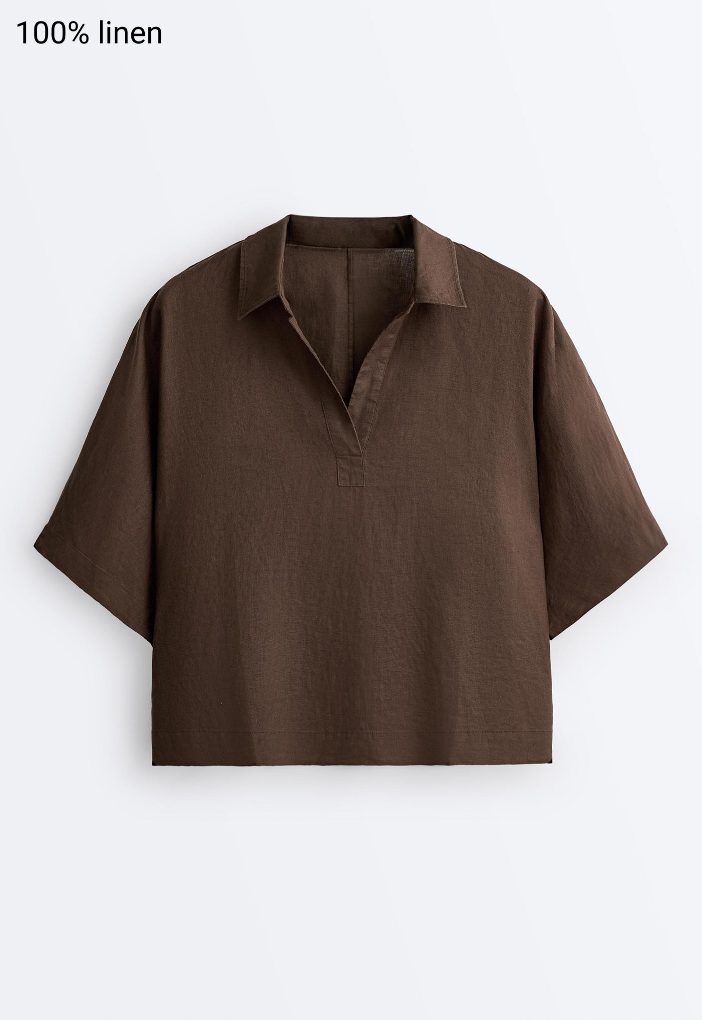Oversize short-sleeve 100% linen polo shirt — DARK BROWN