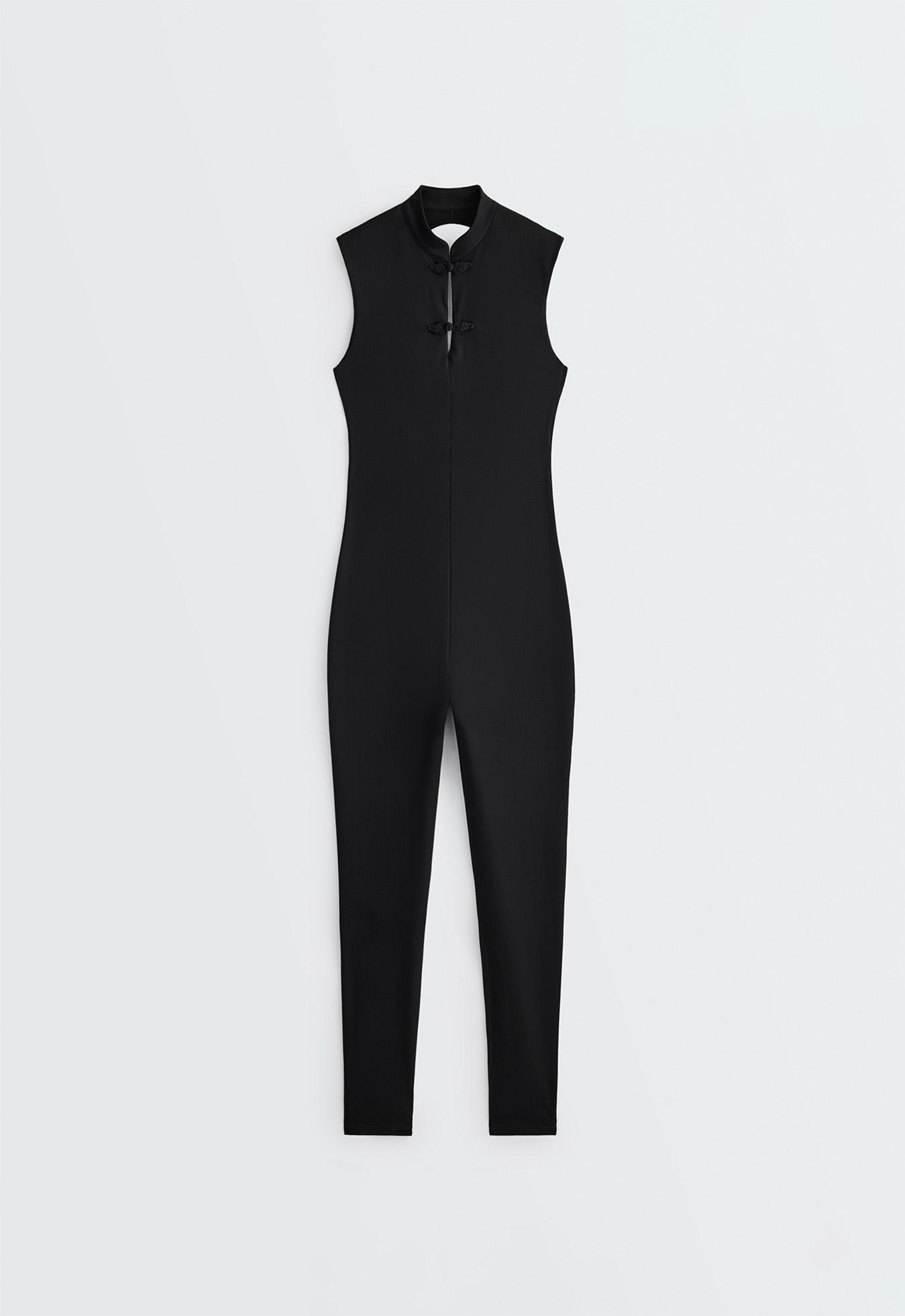 Comfortlux long jumpsuit with mandarin collar — BLACK