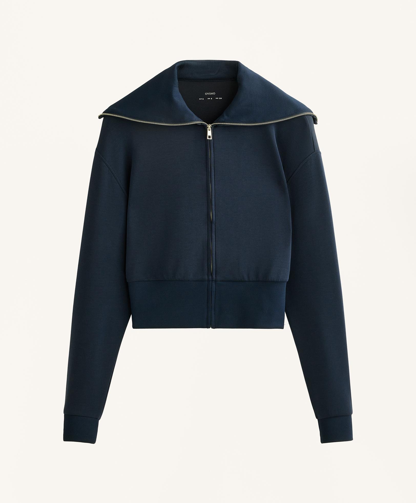 Fitted waist knit collar jacket with modal — NAVY BLUE