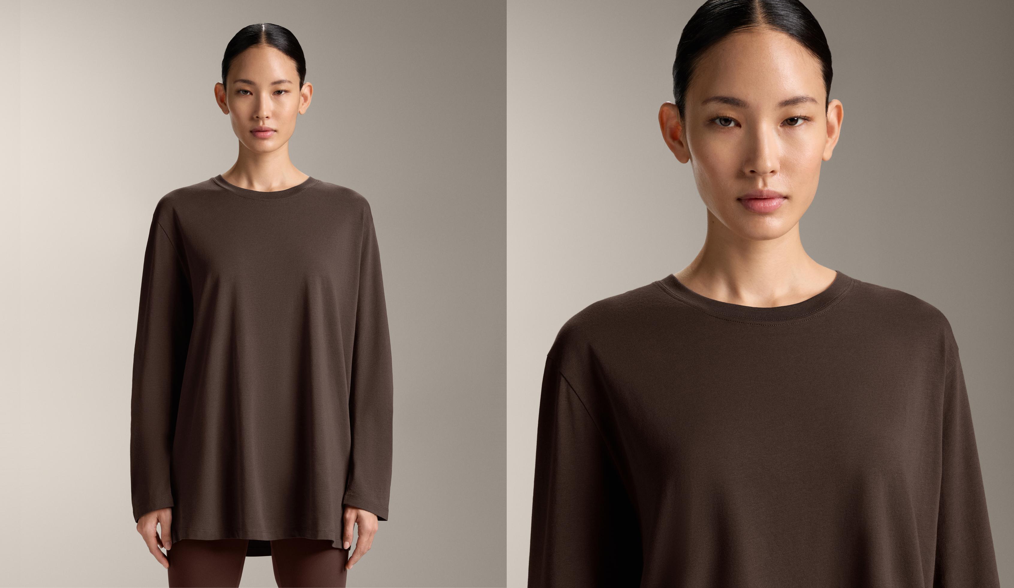 Oversize cotton blend long-sleeve T-shirt — BROWN