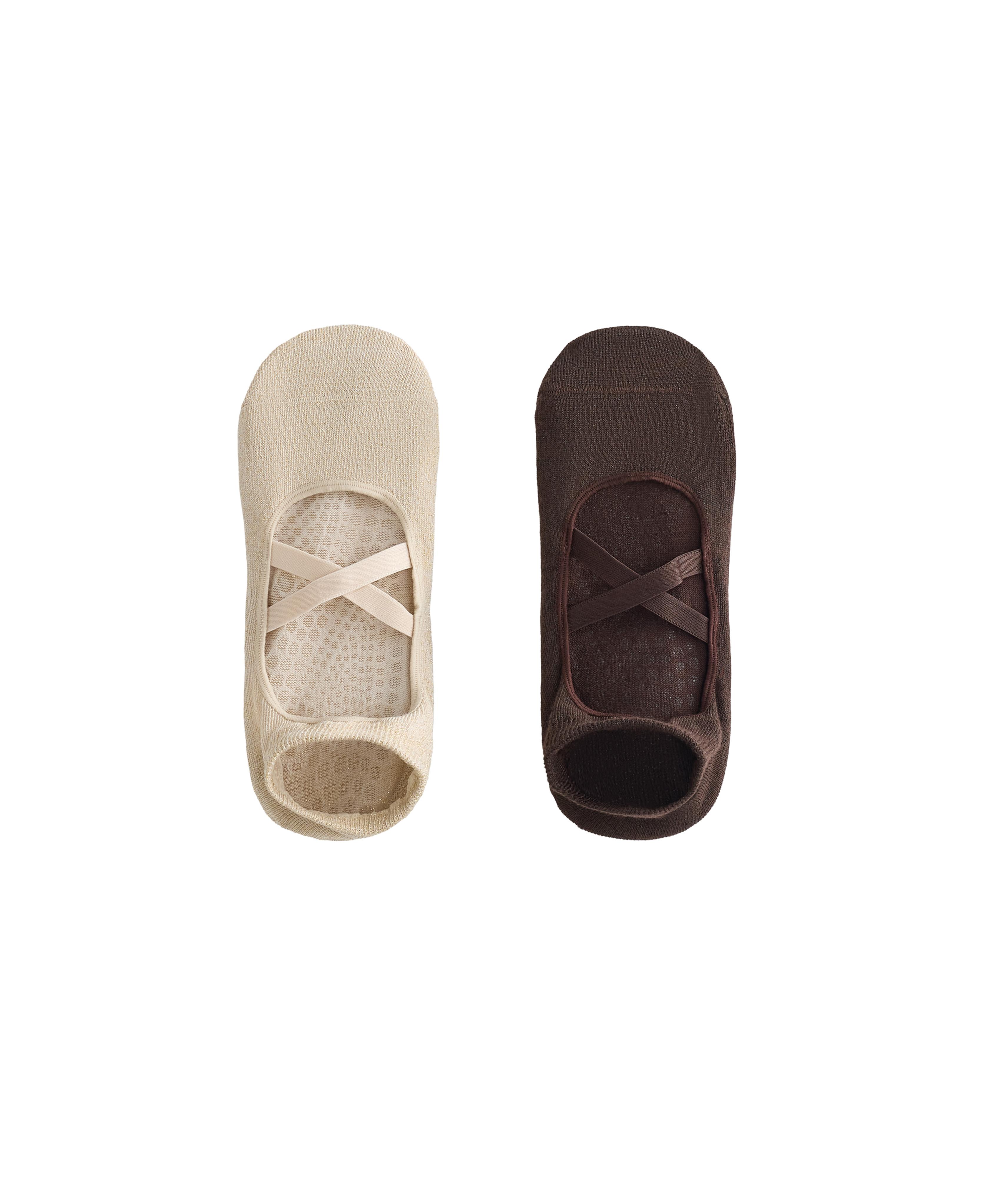 2 pairs of cotton blend yoga and Pilates socks with crossover straps and metallic thread — BROWN