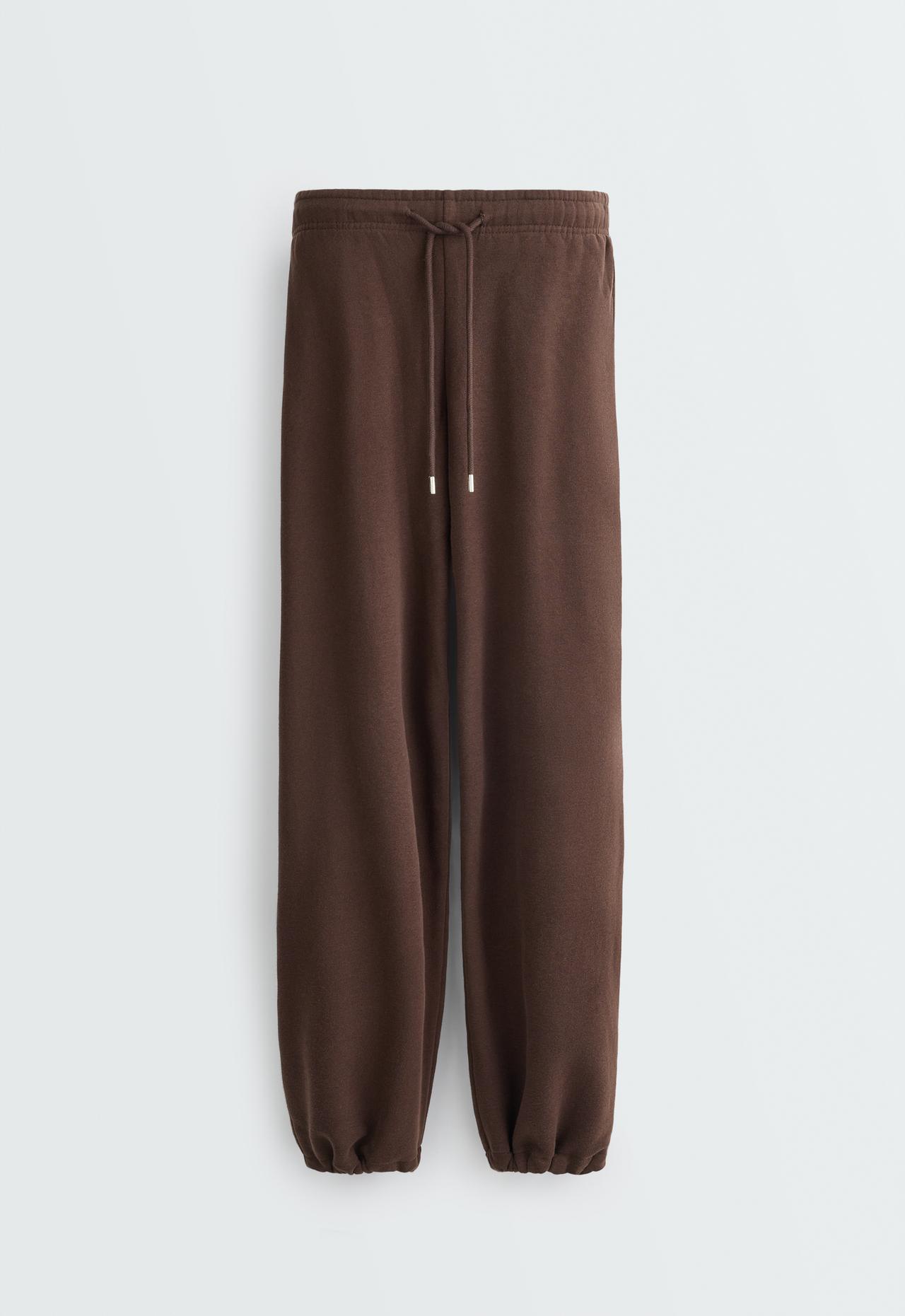 Adjustable cotton-blend fleece straight trousers — DARK REDDISH‑BROWN