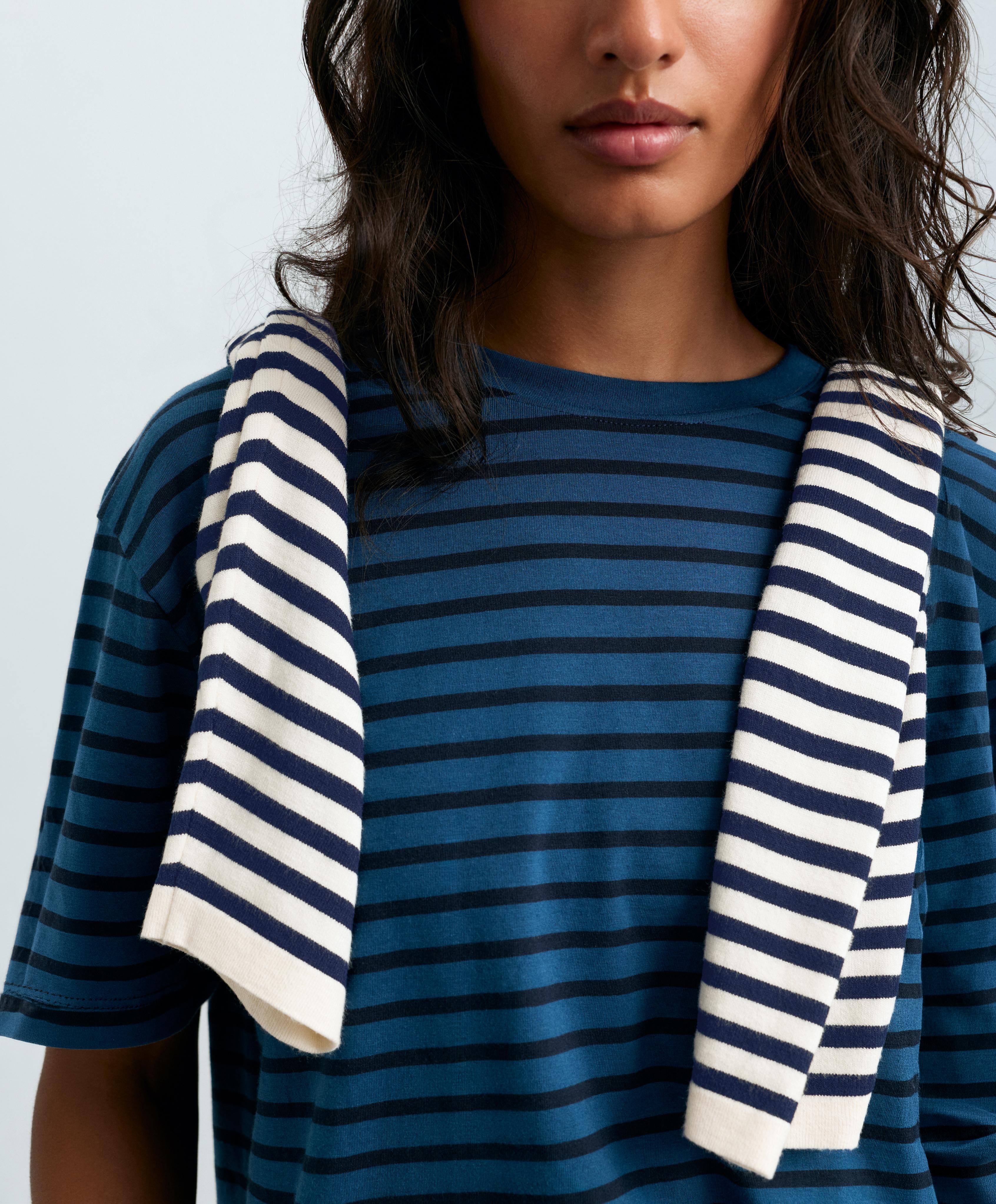 Striped boxy cotton blend short-sleeved T-shirt — NAVY BLUE