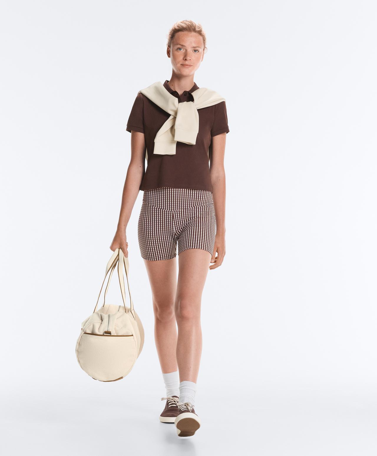 Comfortlux high-rise 10cm gingham hot pants — DARK REDDISH‑BROWN
