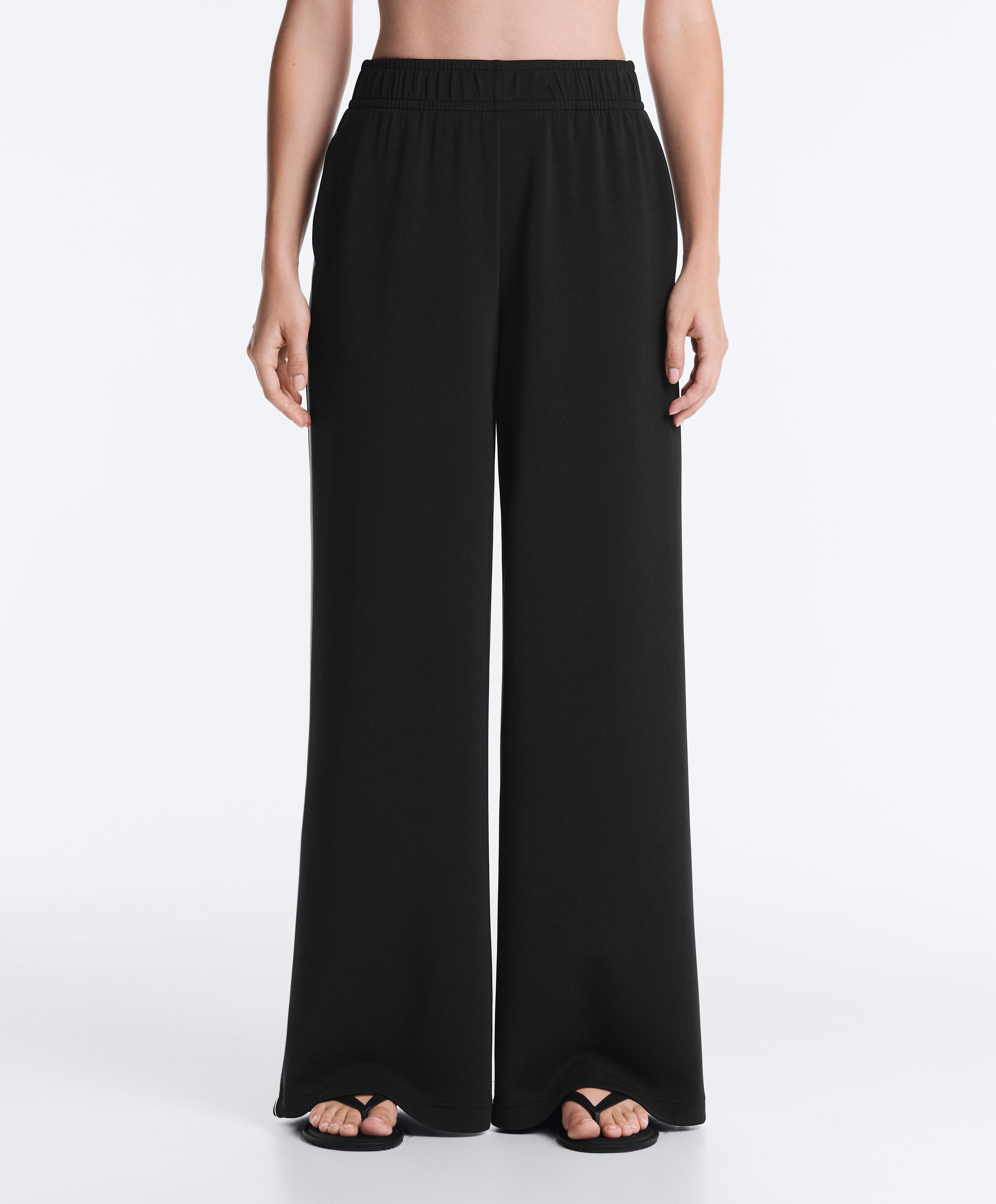 Wide-leg modal piping trousers — BLACK
