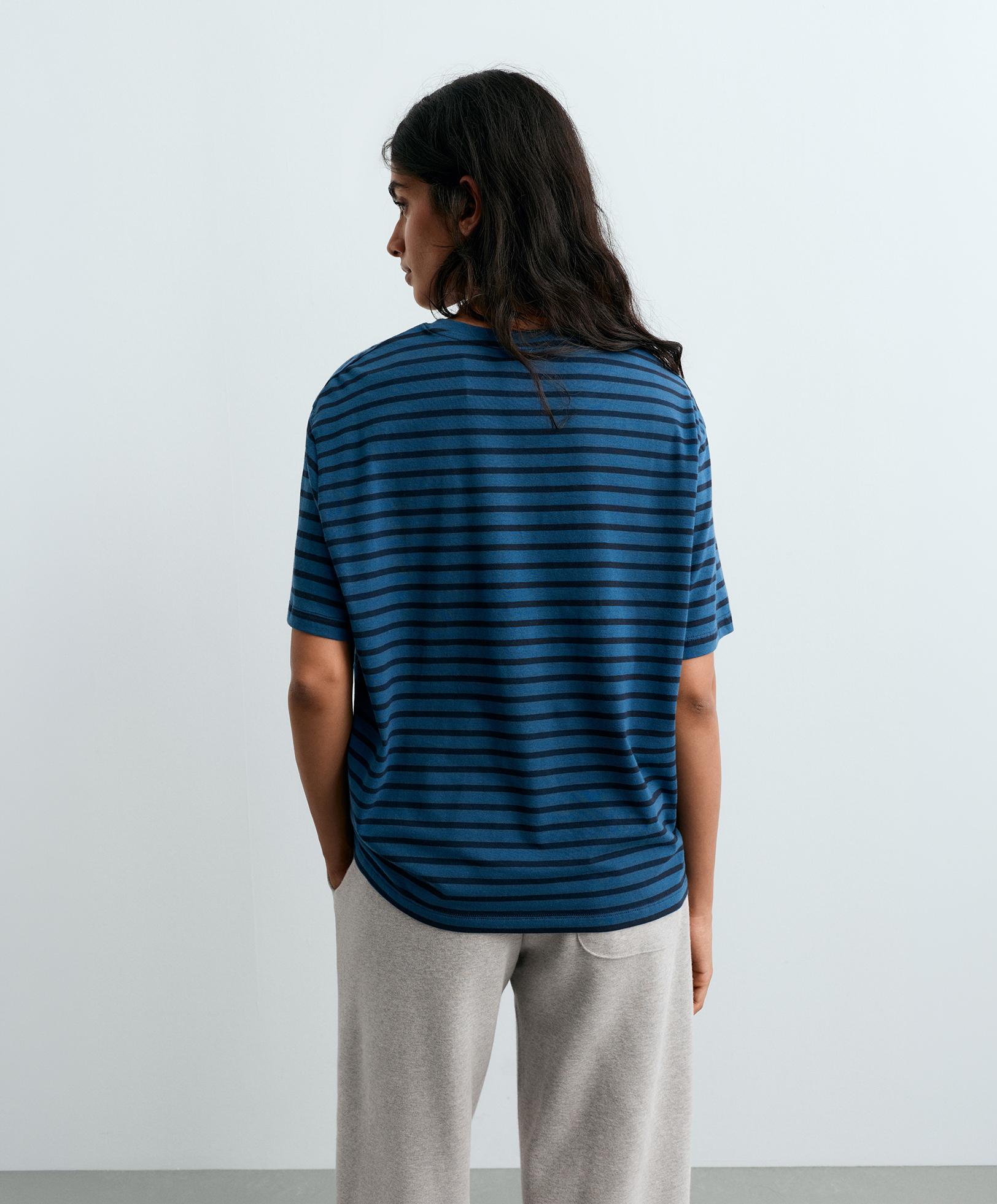 Striped boxy cotton blend short-sleeved T-shirt — NAVY BLUE