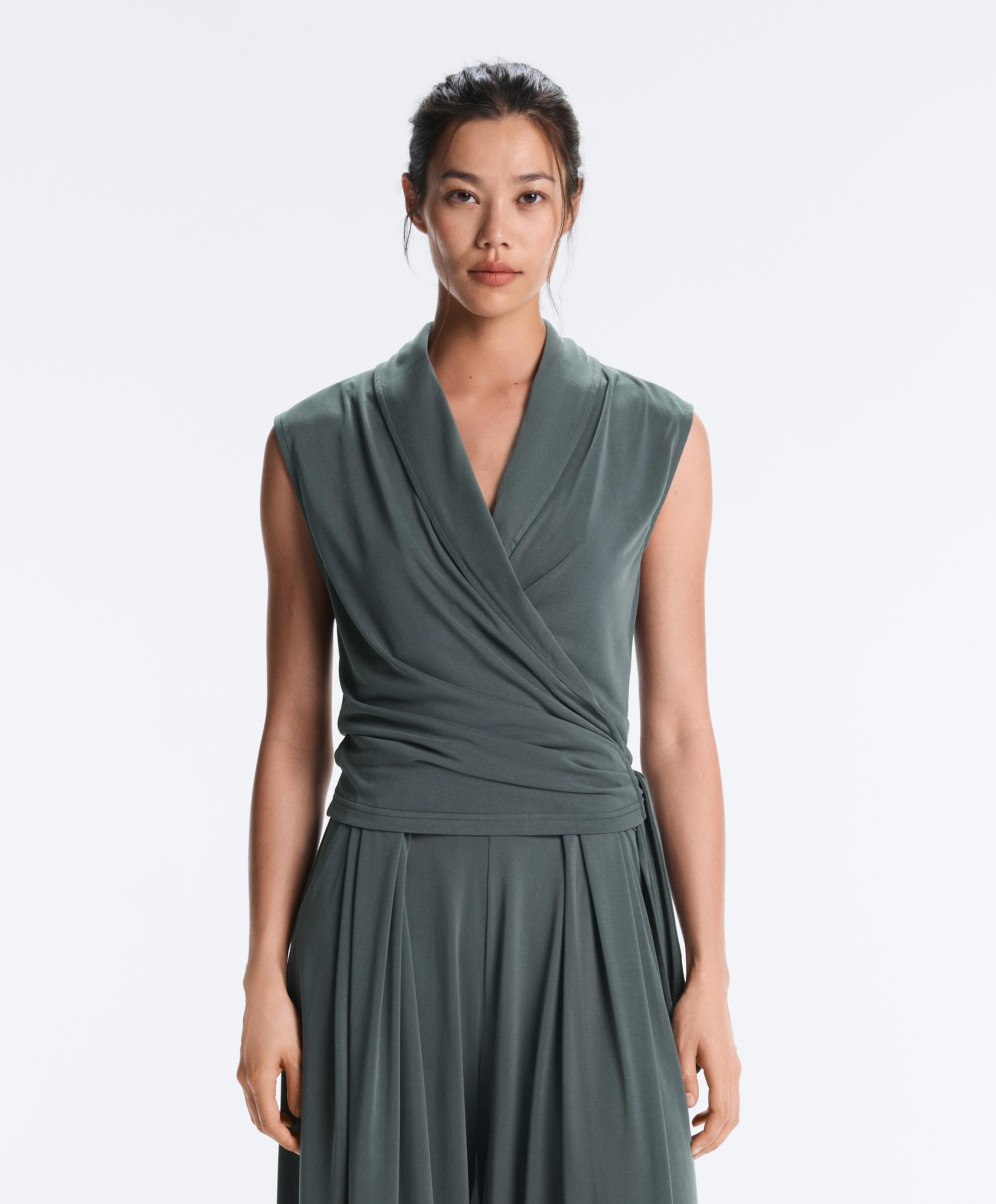 Modal blend sleeveless crossover T-shirt — STEEL GREY
