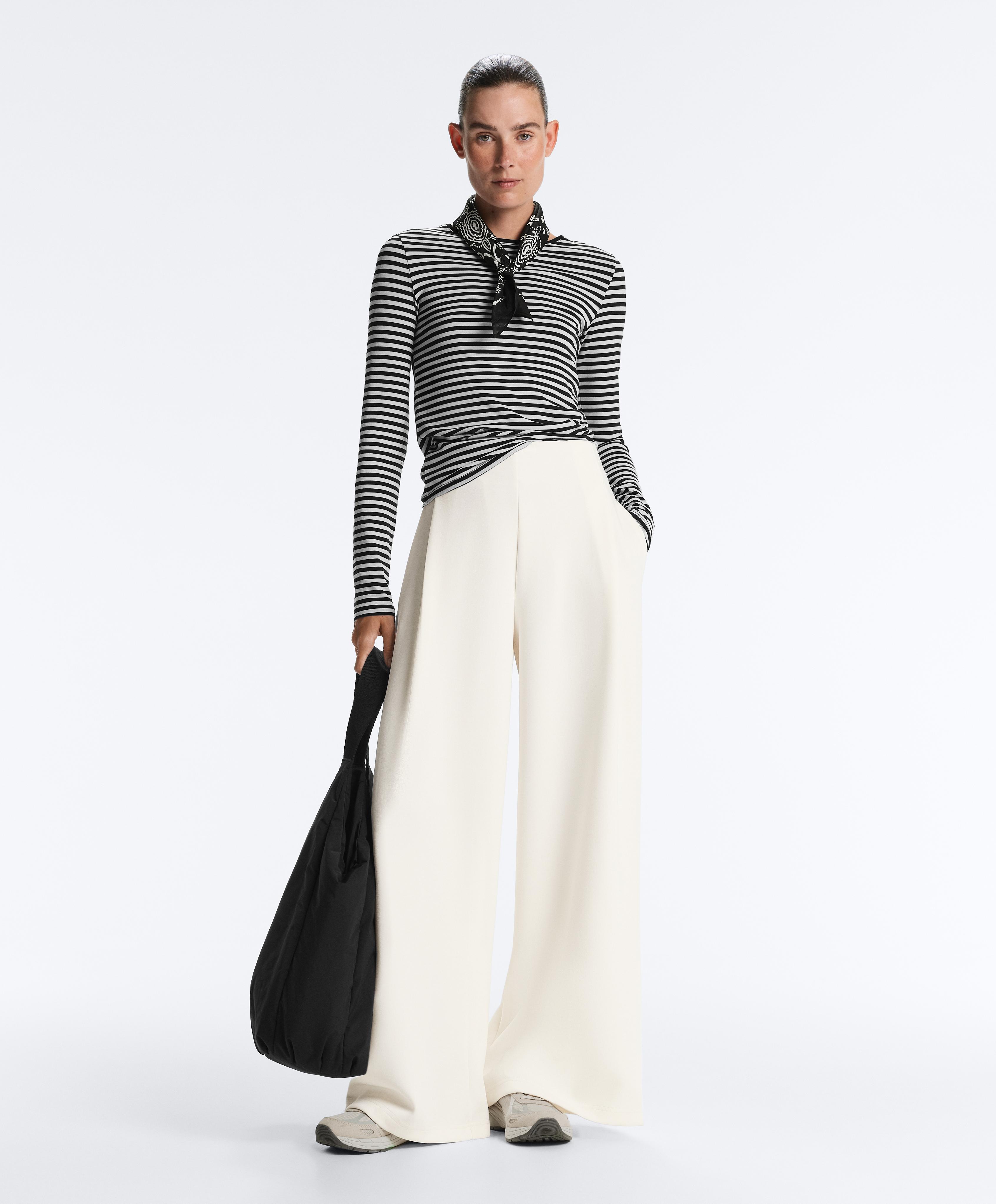 High rise twill wide-leg trousers with pleats — PALE ECRU