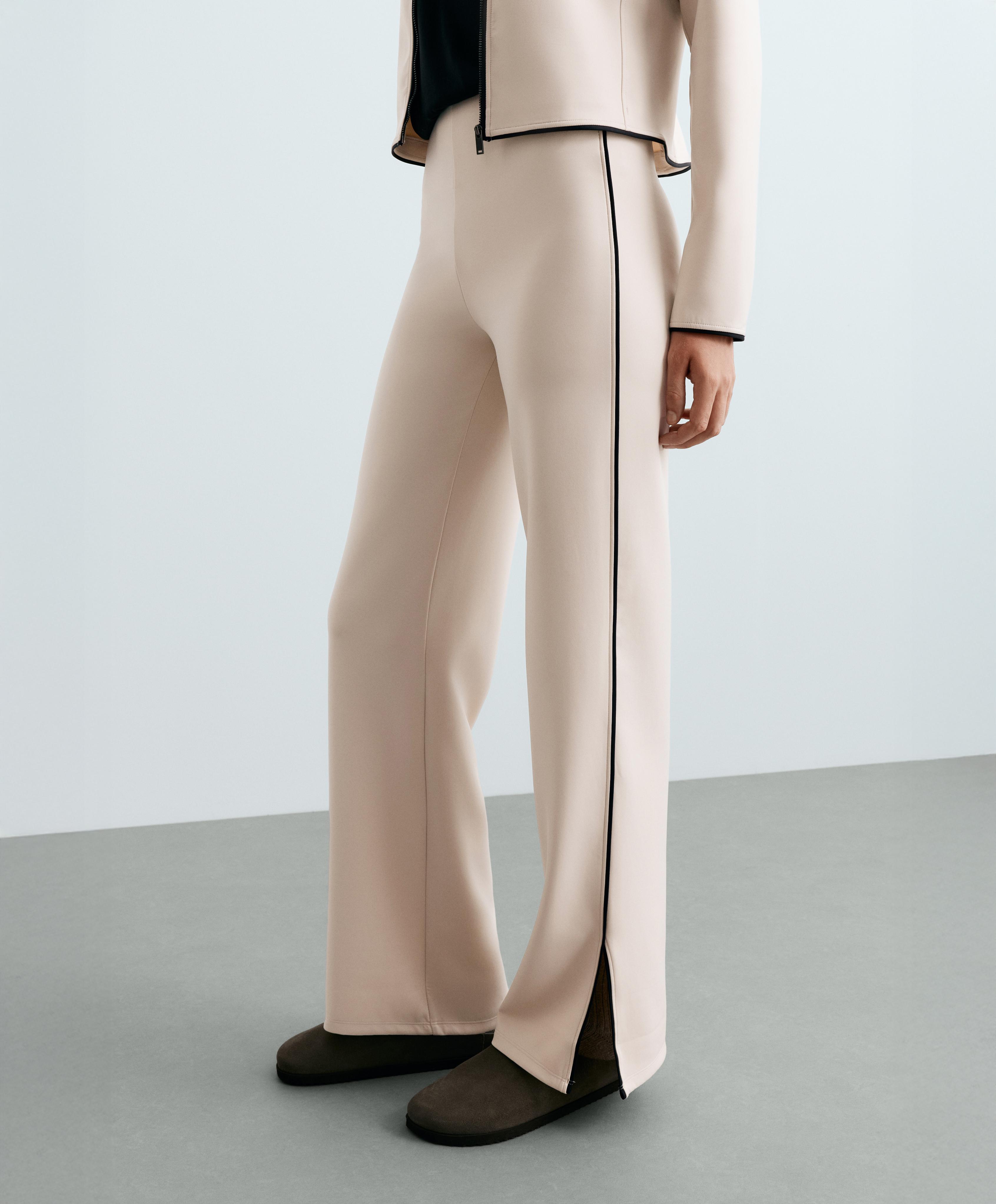 High-waist straight-leg neoprene-effect piping trousers — OATMEAL