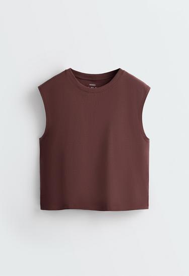 Cotton blend sleeveless T-shirt — CHOCOLATE 5