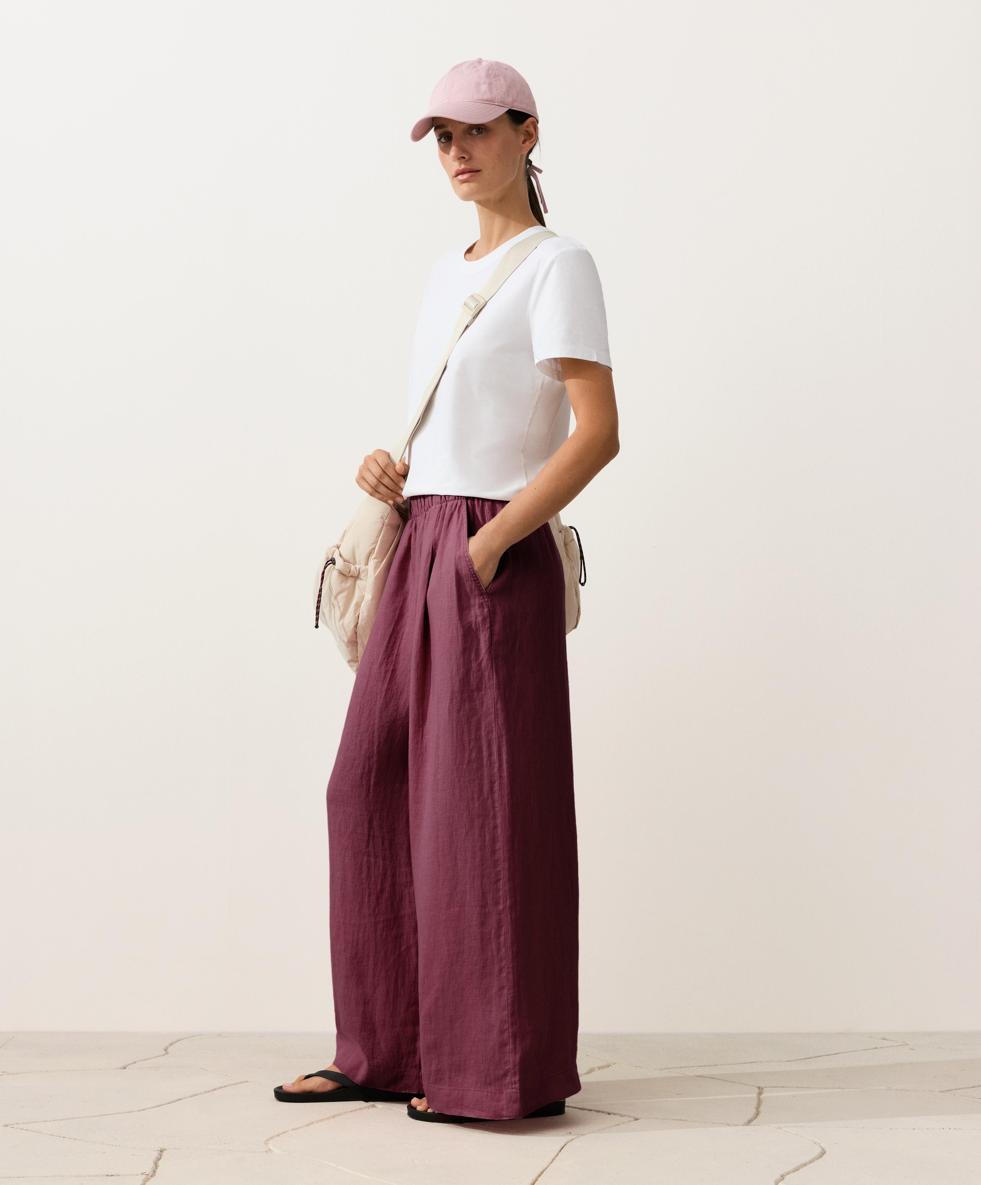 100% linen wide-leg trousers — CHERRY