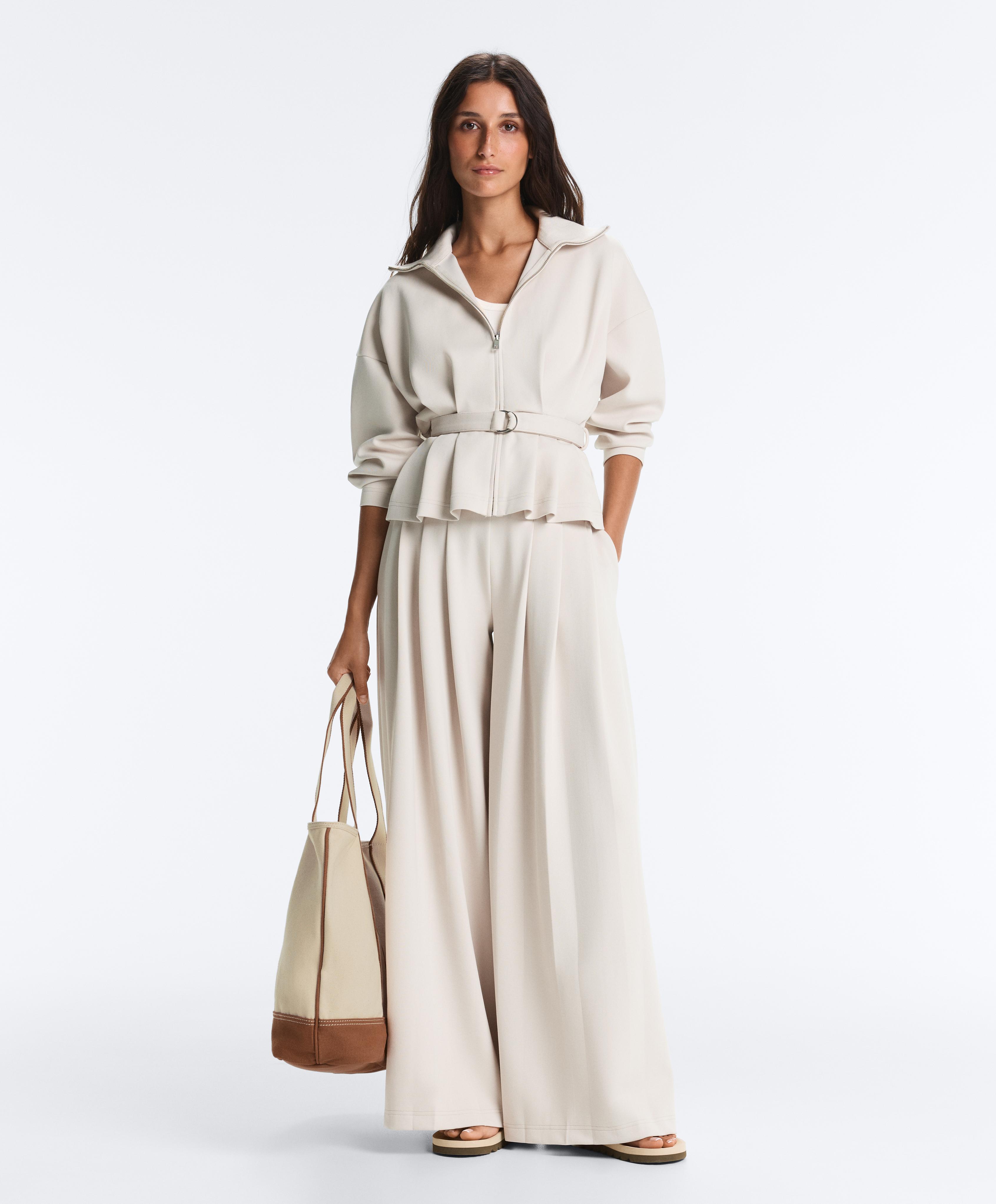 Cotton wide-leg pique trousers with pleats — PALE MINK