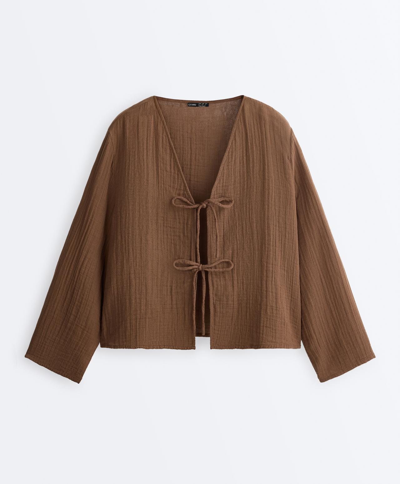 100% cotton gauze long-sleeved tie-front shirt — TAN