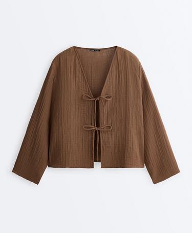 100% cotton gauze long-sleeved tie-front shirt — TAN 8