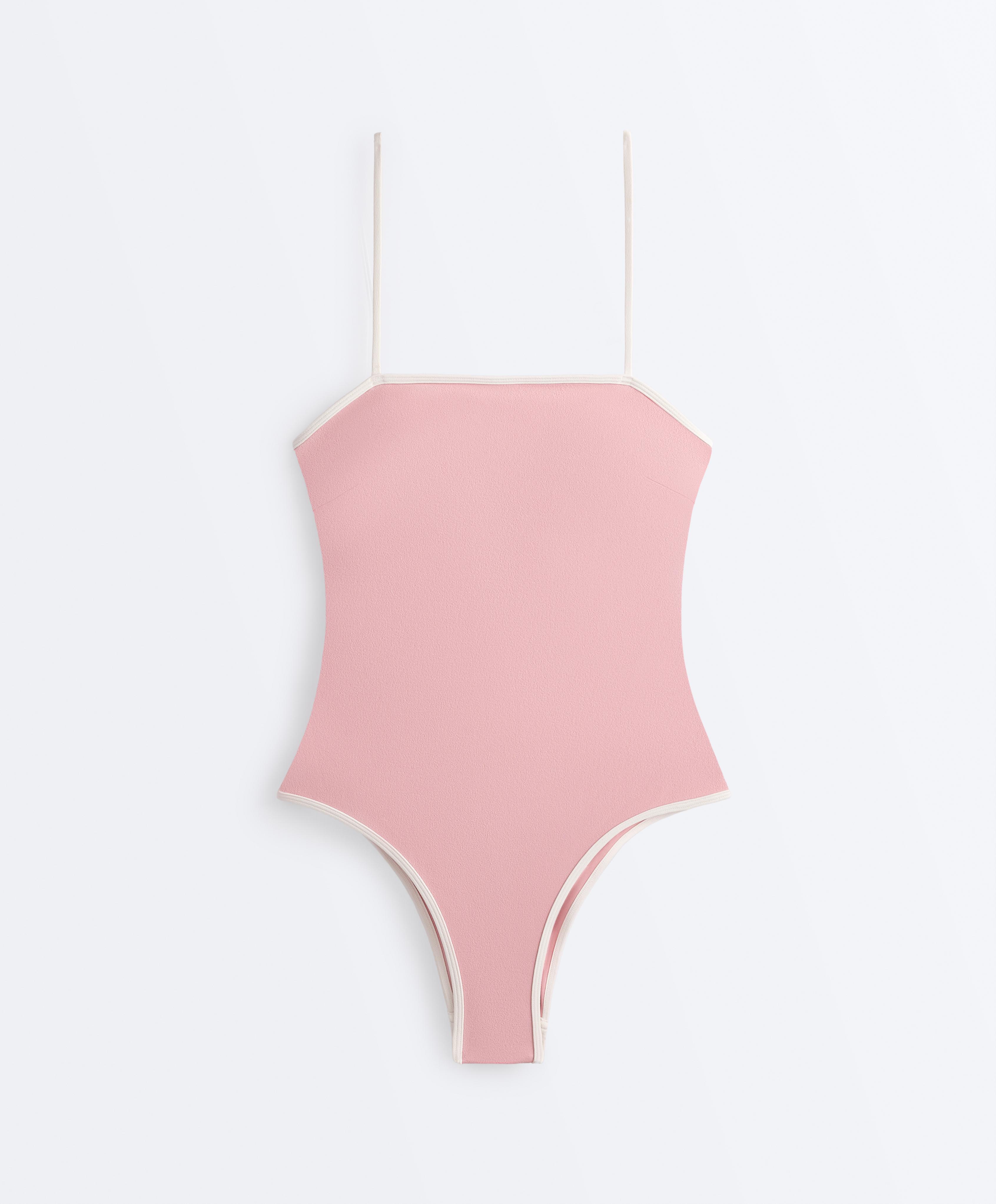Contrast trim bandeau swimsuit — PINK