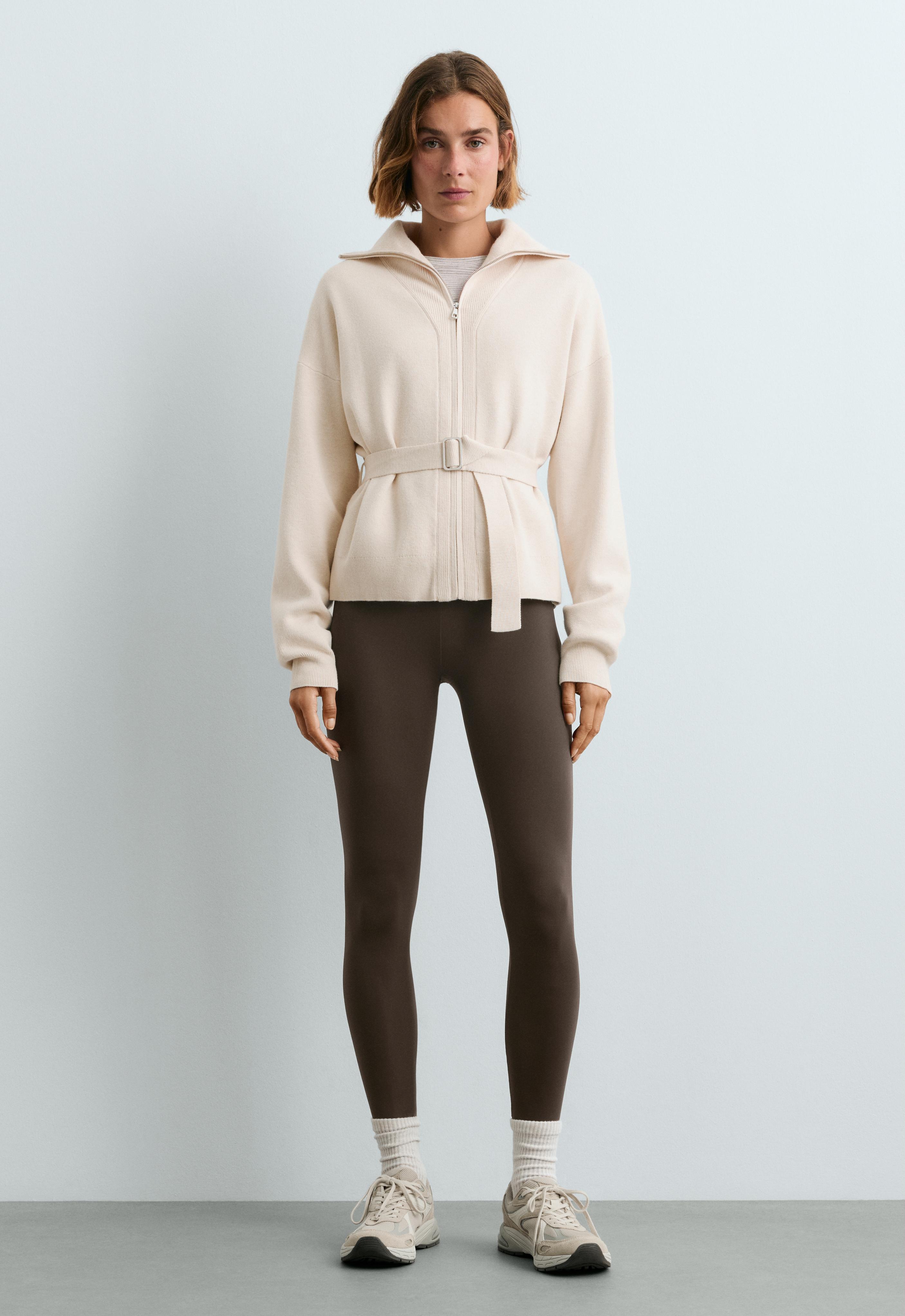 Knit jacket with high collar and removable belt