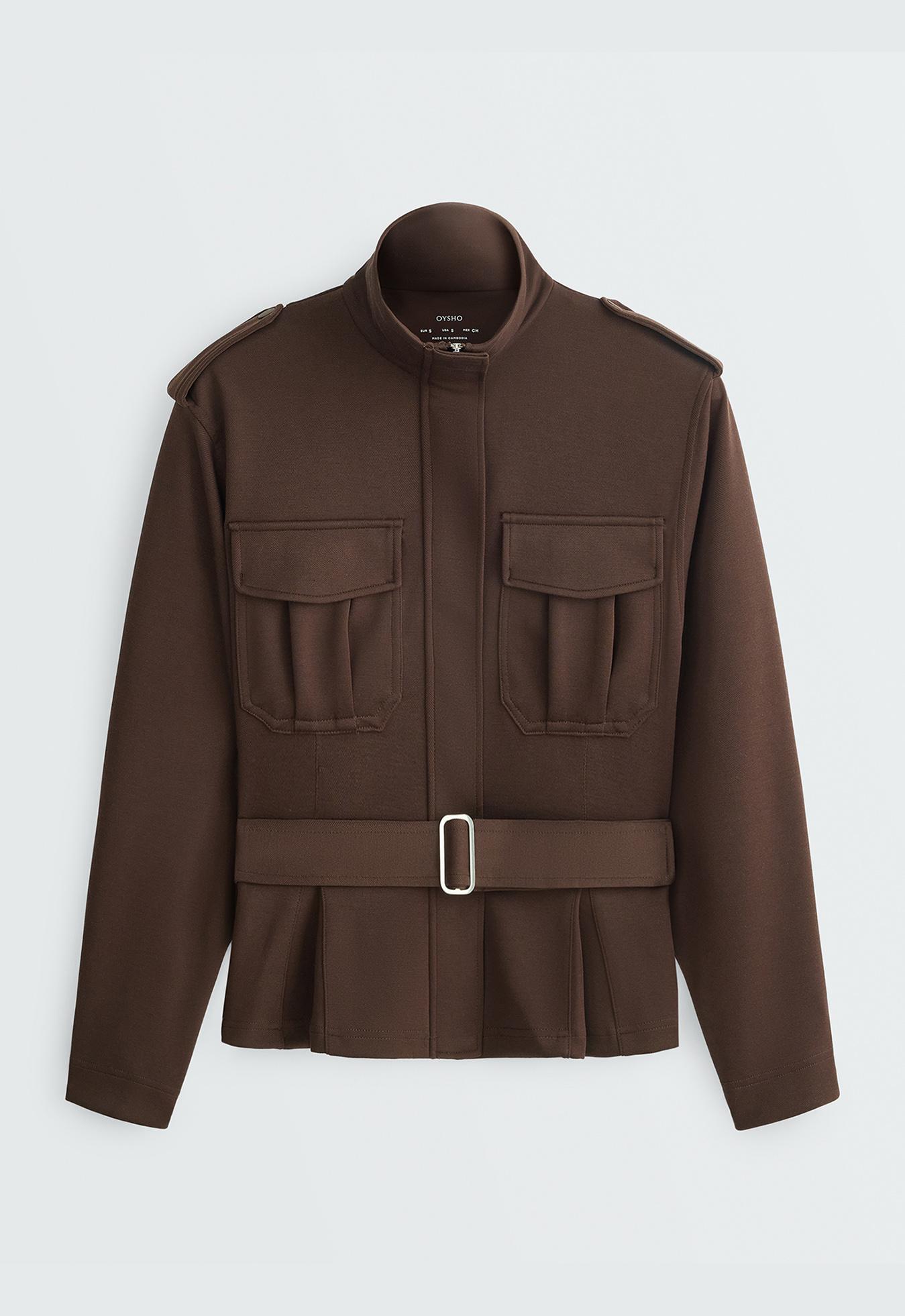 Cropped piqué utility jacket with belt — DARK BROWN