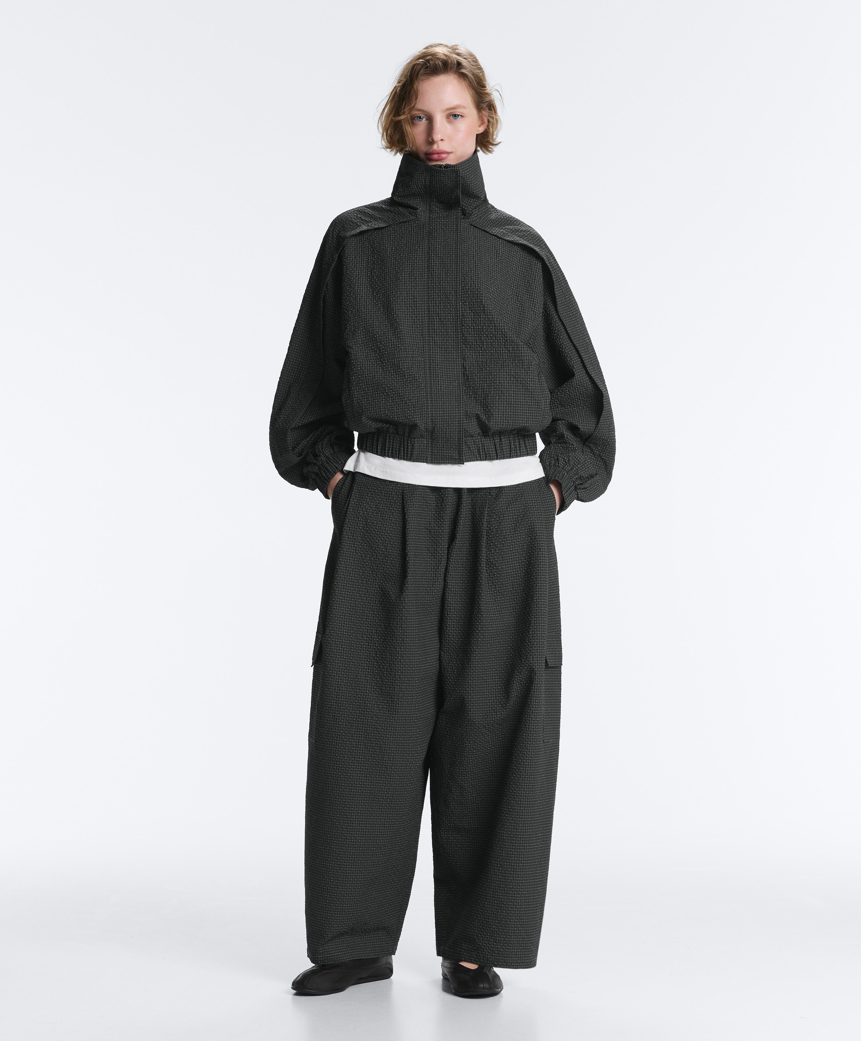 Water-repellent checked nylon track jacket