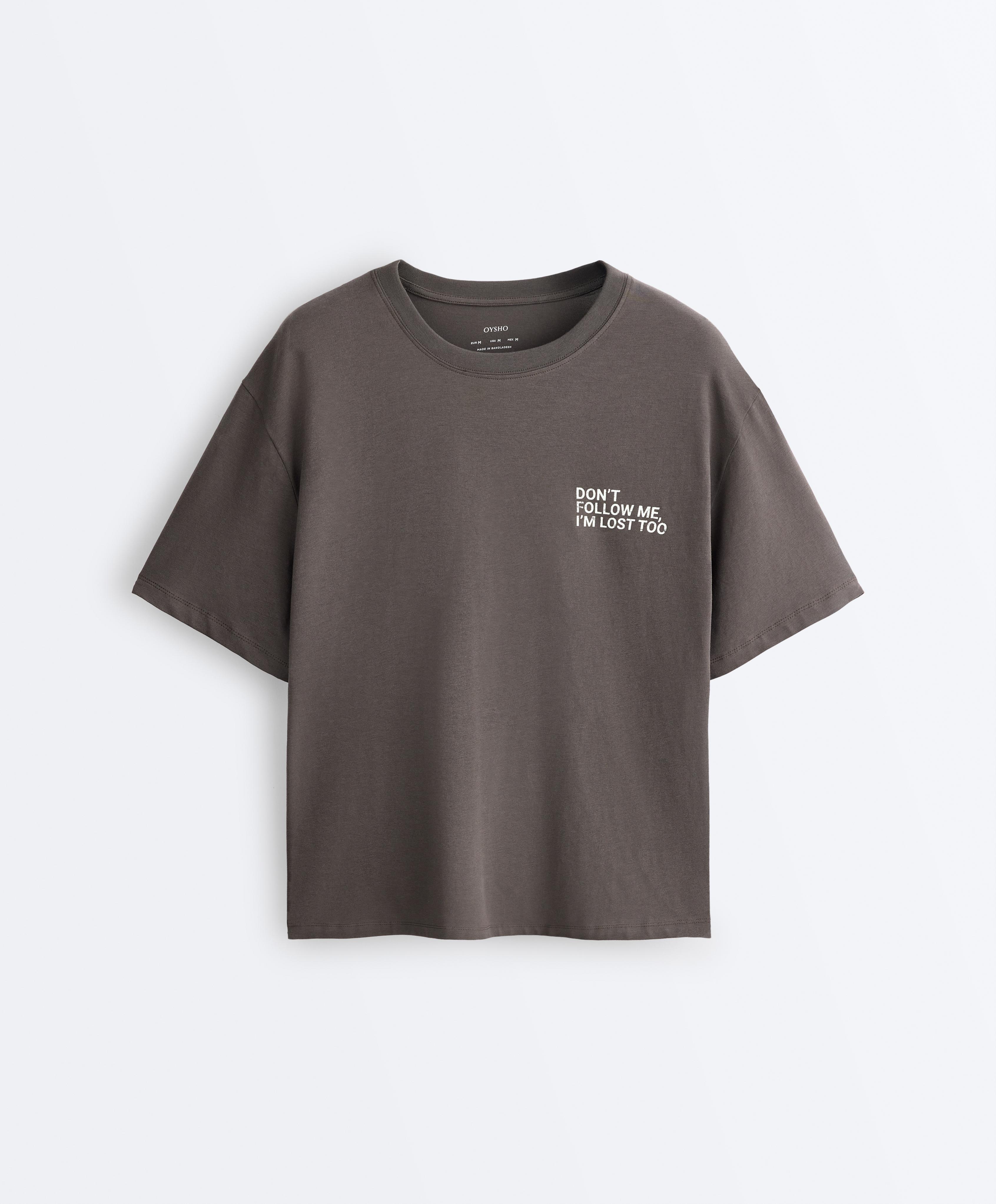 Boxy cotton blend T-shirt with slogan — CHARCOAL