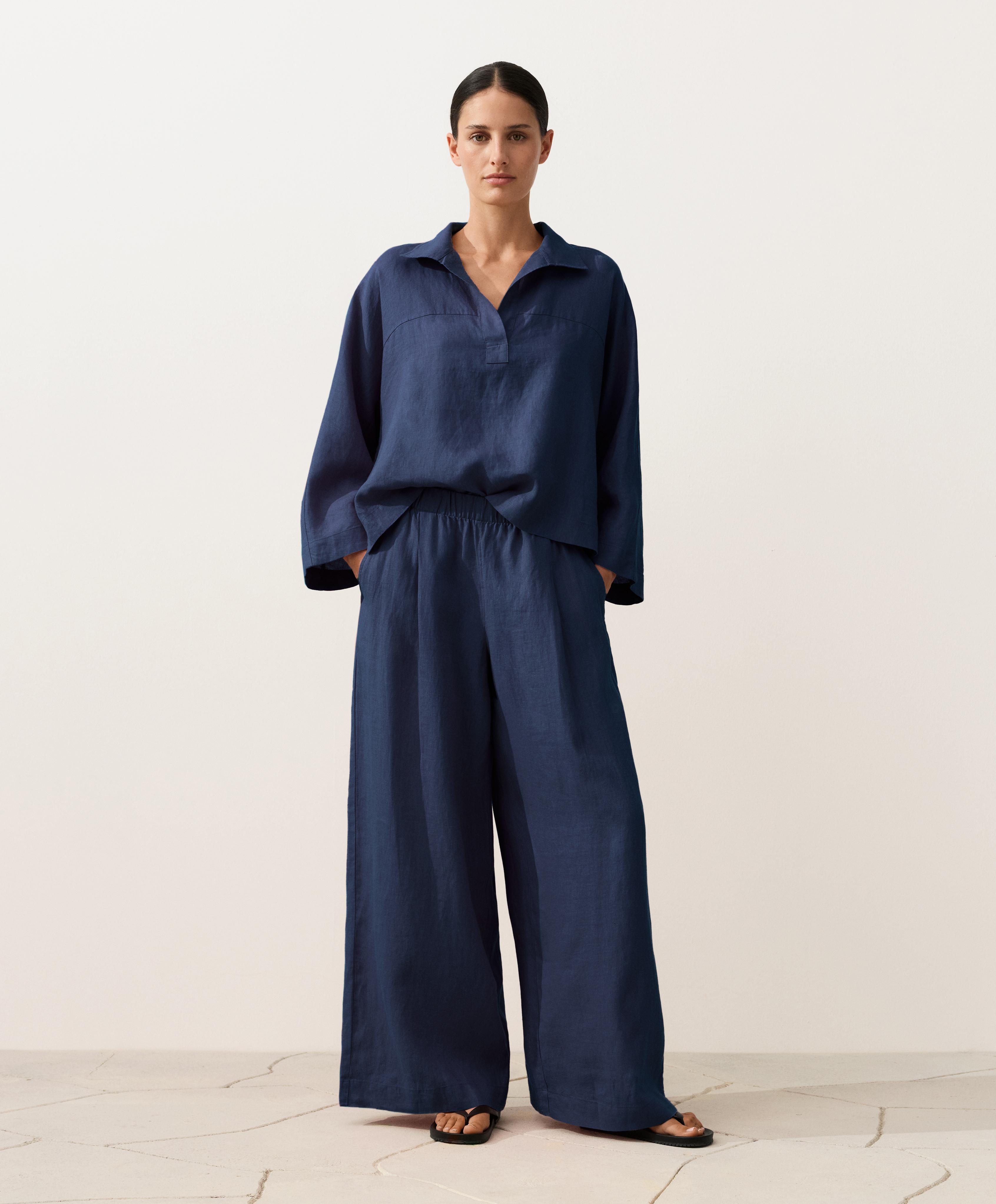Oversize long-sleeve 100% linen polo shirt — NAVY