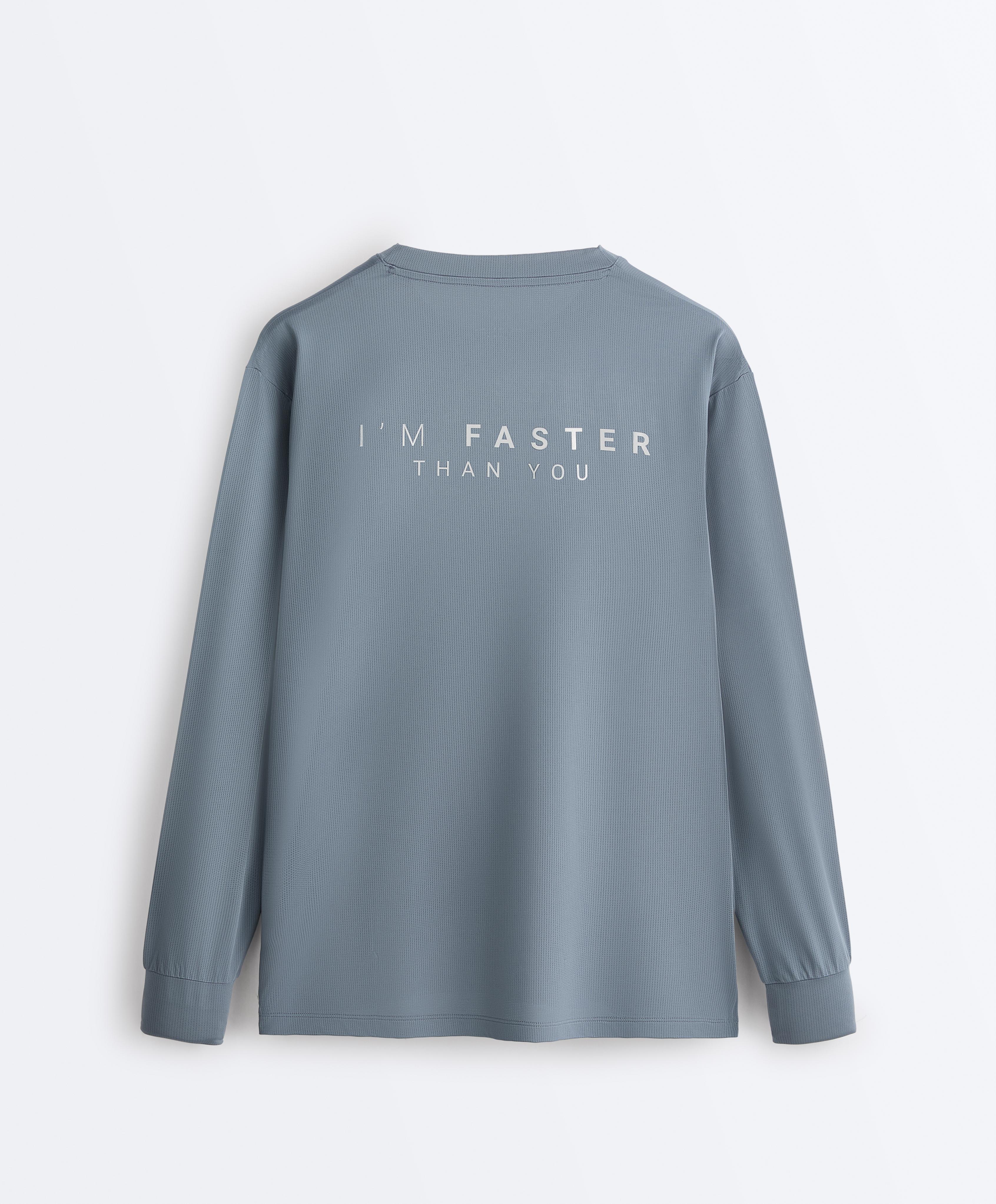 Long-sleeved technical T-shirt with text — MID GREY-BLUE