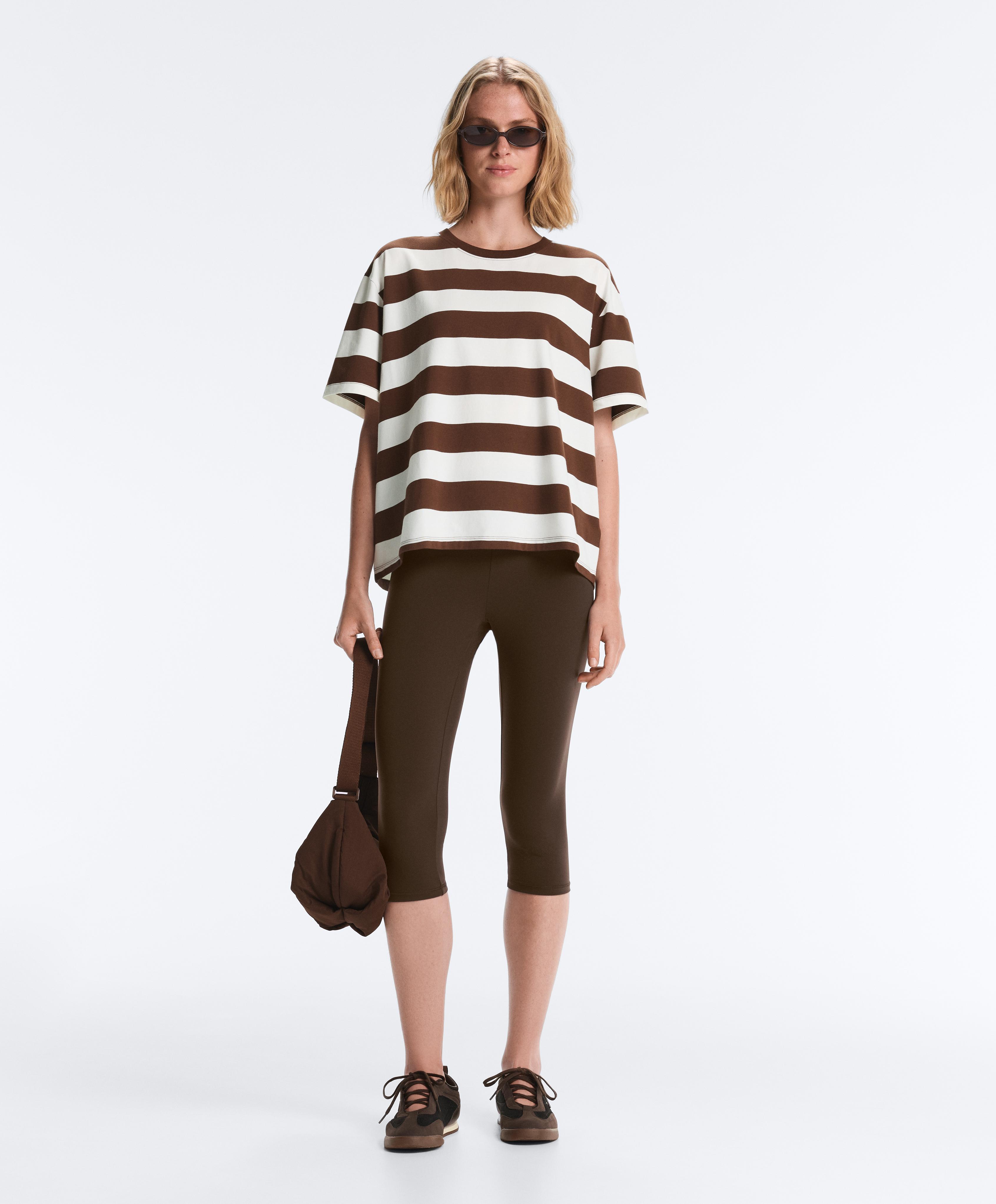 Striped boxy short-sleeve cotton blend T-shirt — DARK BROWN