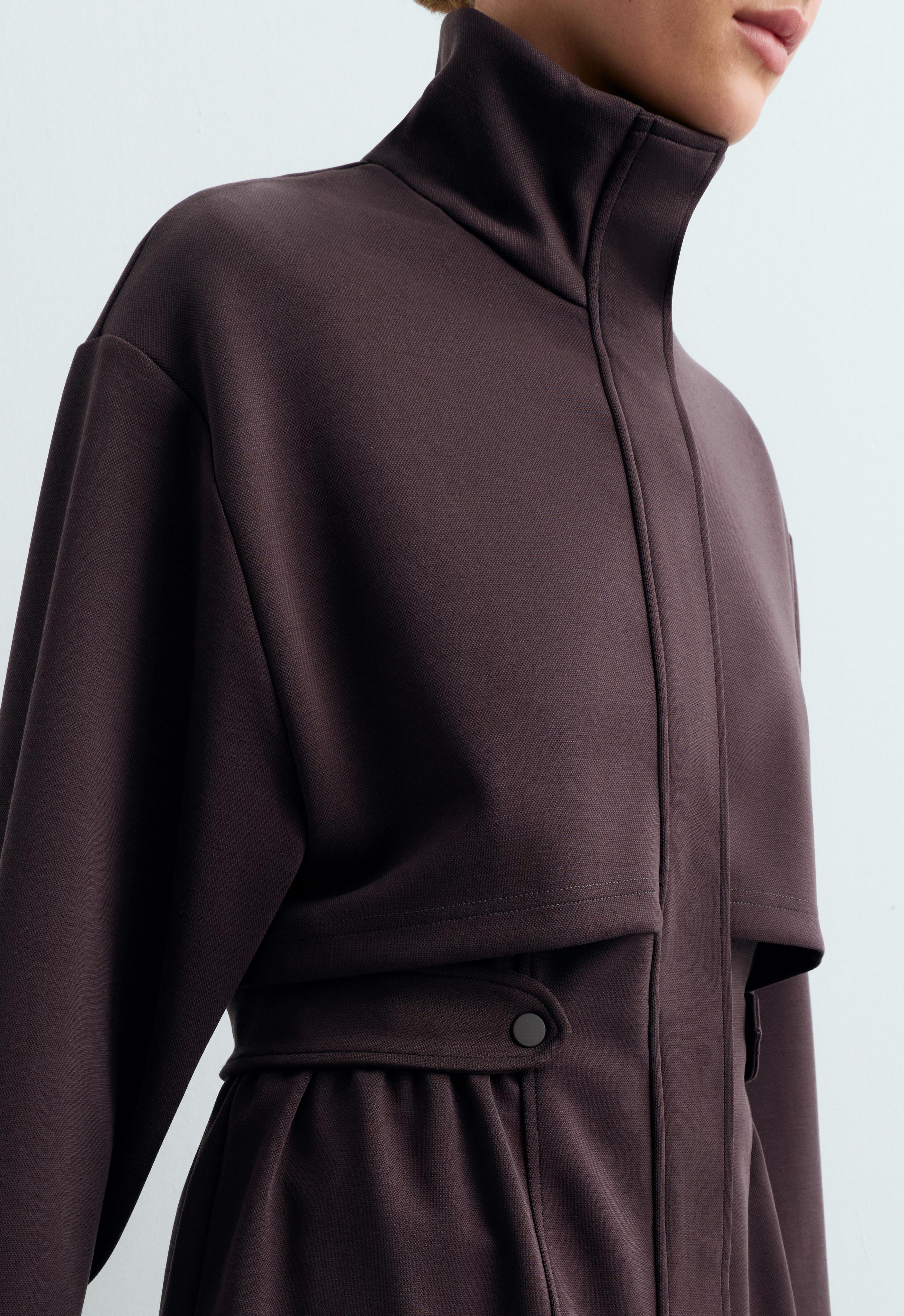 Long piqué jacket with belt — Purplish brown