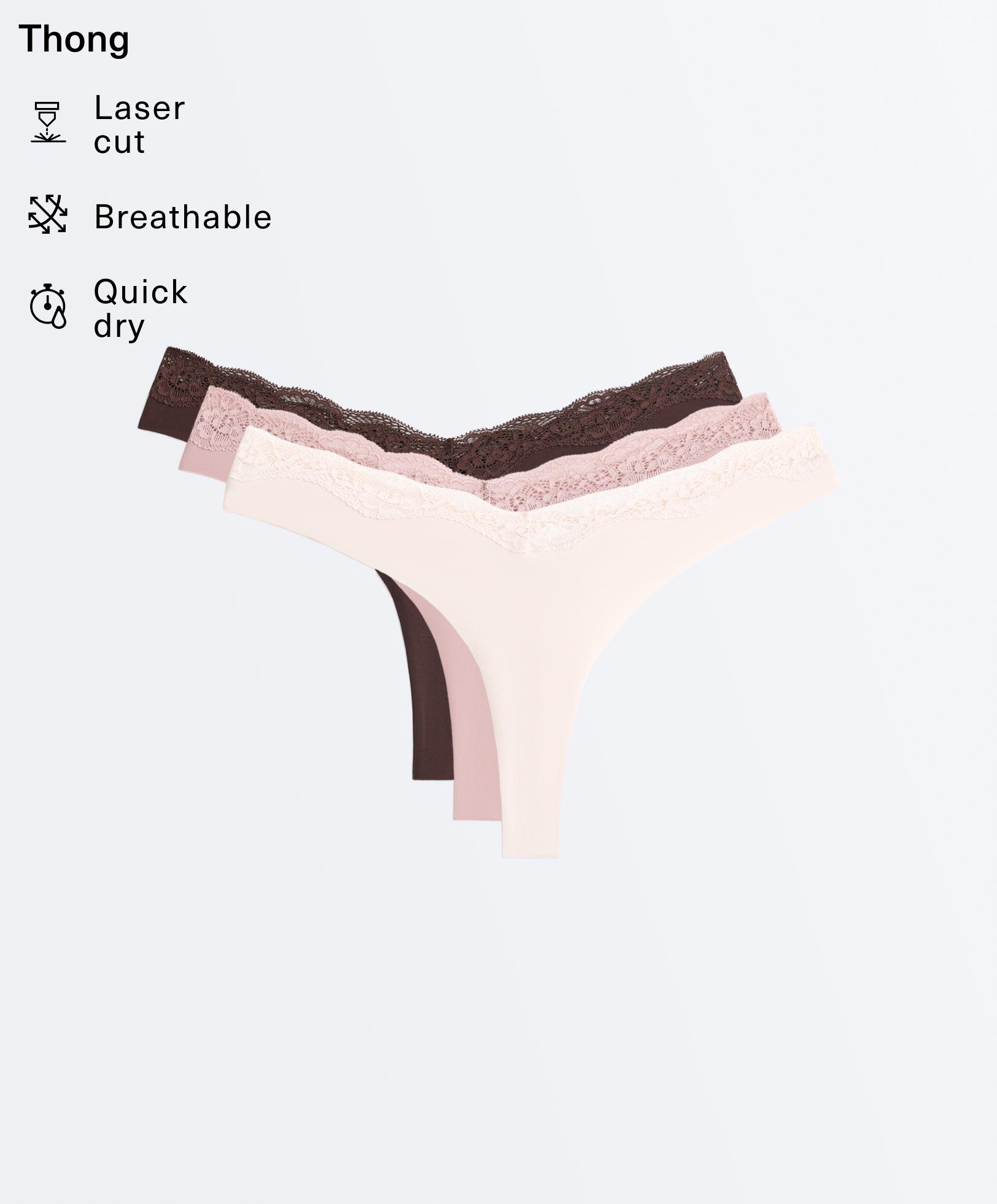 3 laser-cut polyamide blend lace thongs — CHOCOLATE