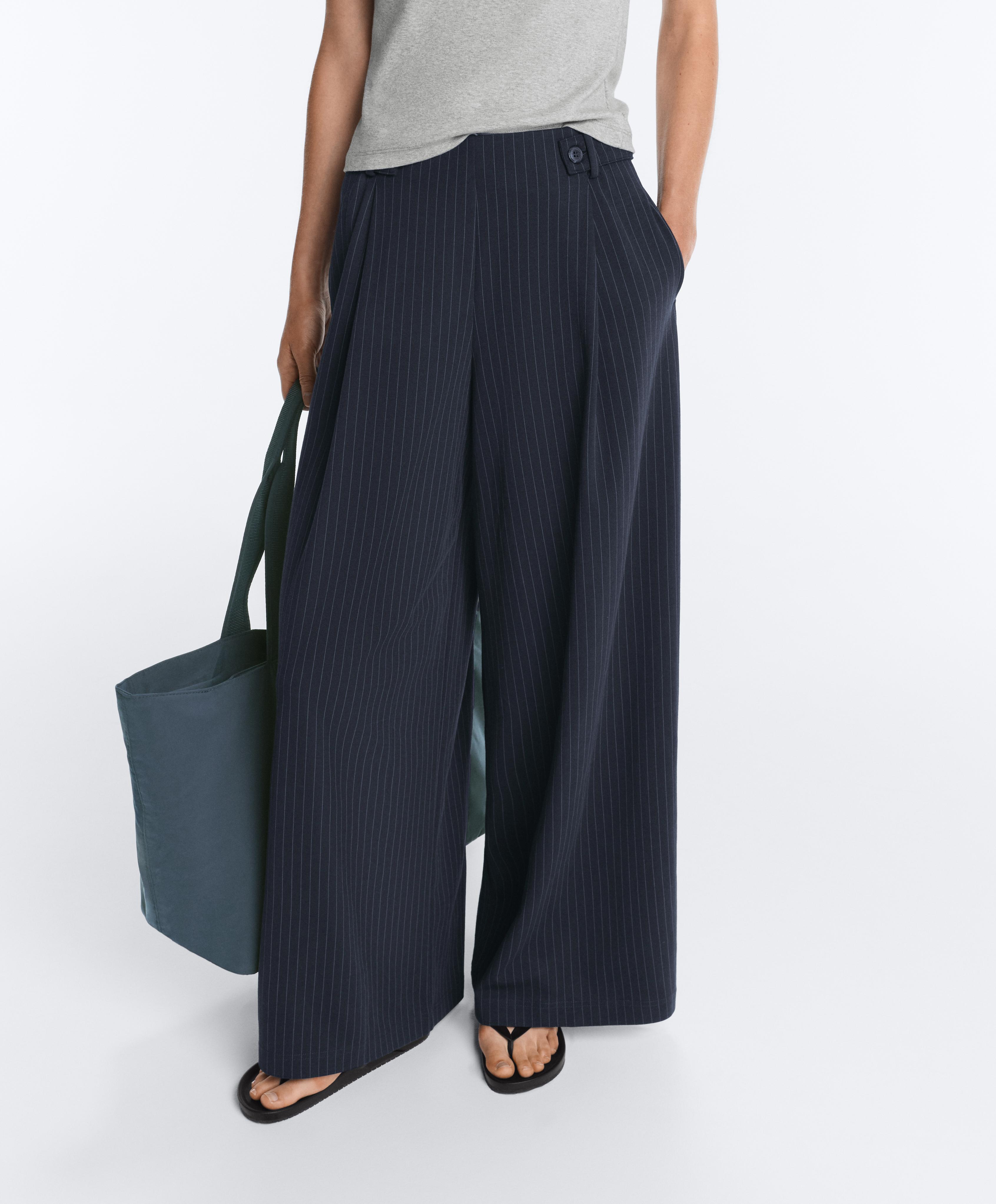 Pinstripe cotton pique wide-leg trousers — NAVY BLUE