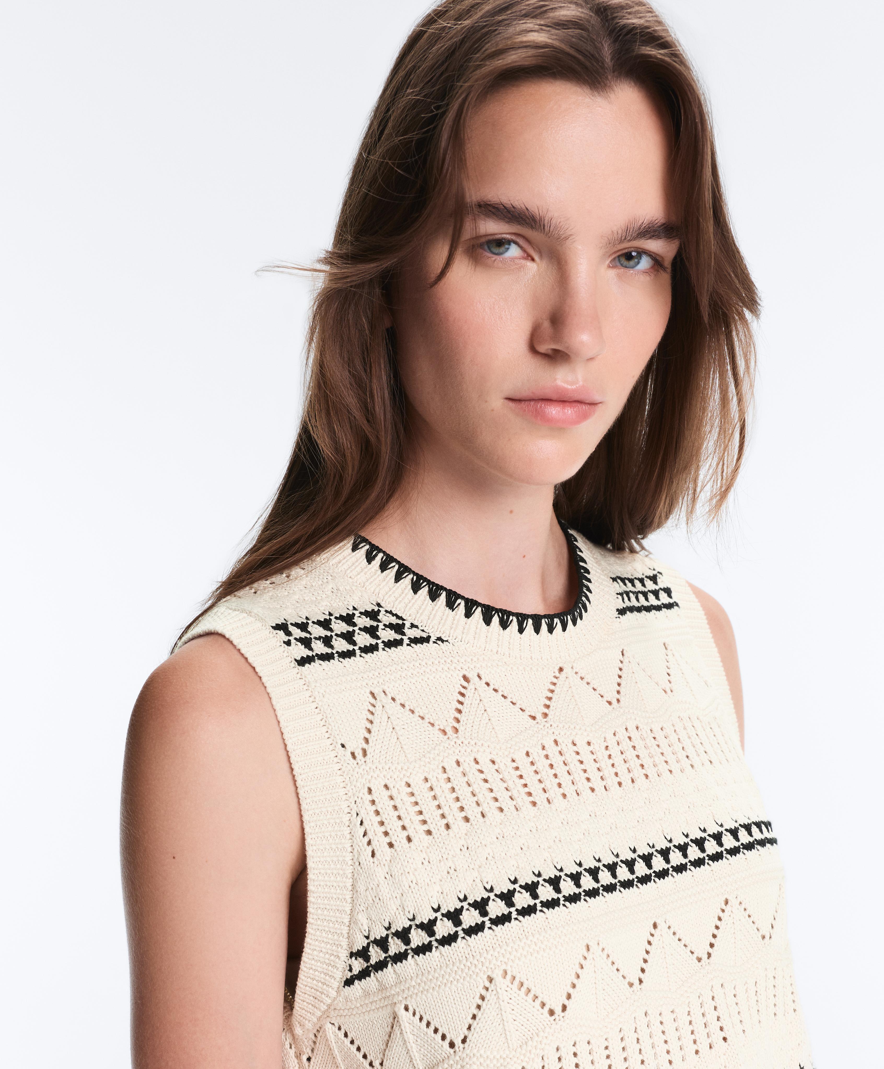 100% cotton open-knit contrast vest — PALE ECRU