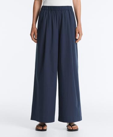 100% cotton poplin wide-leg trousers — NAVY BLUE 1