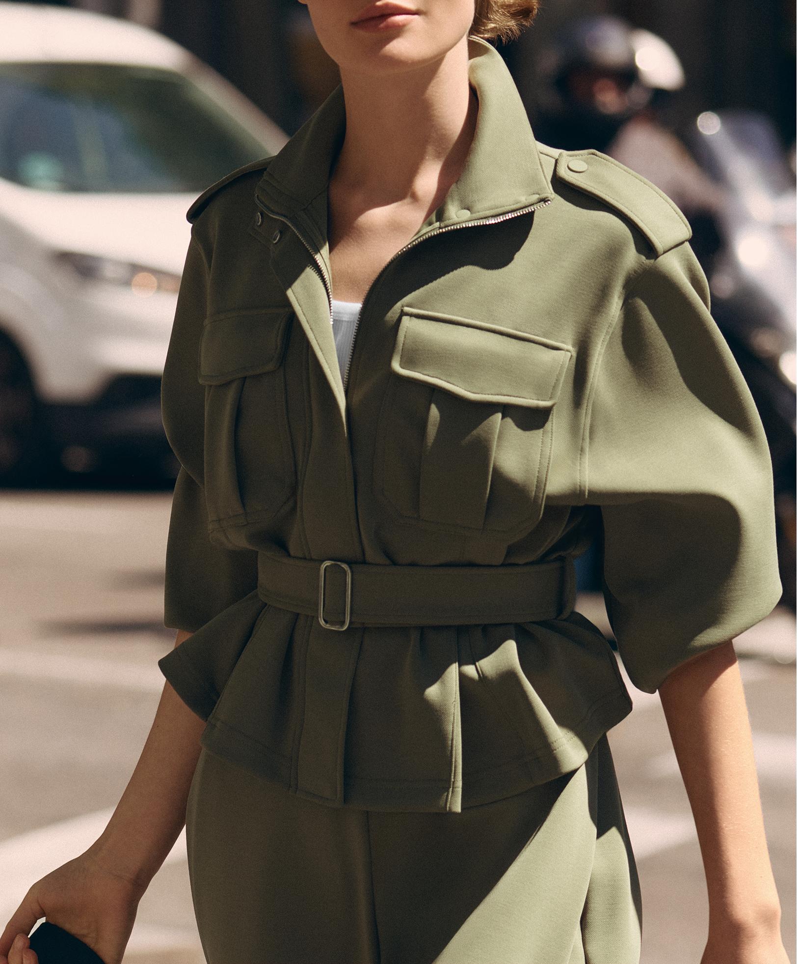 Cropped piqué utility jacket with belt — YELLOW GREEN
