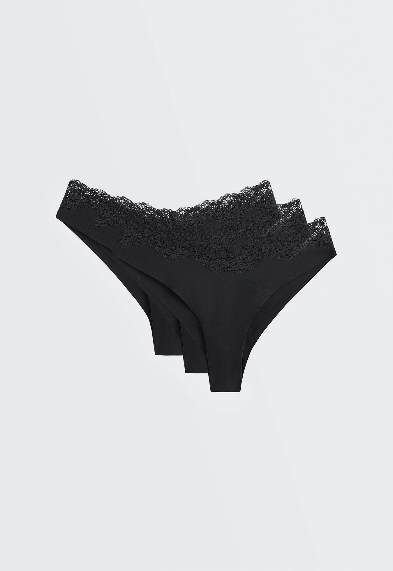 3 V-cut lace laser-cut polyamide Brazilian briefs — BLACK