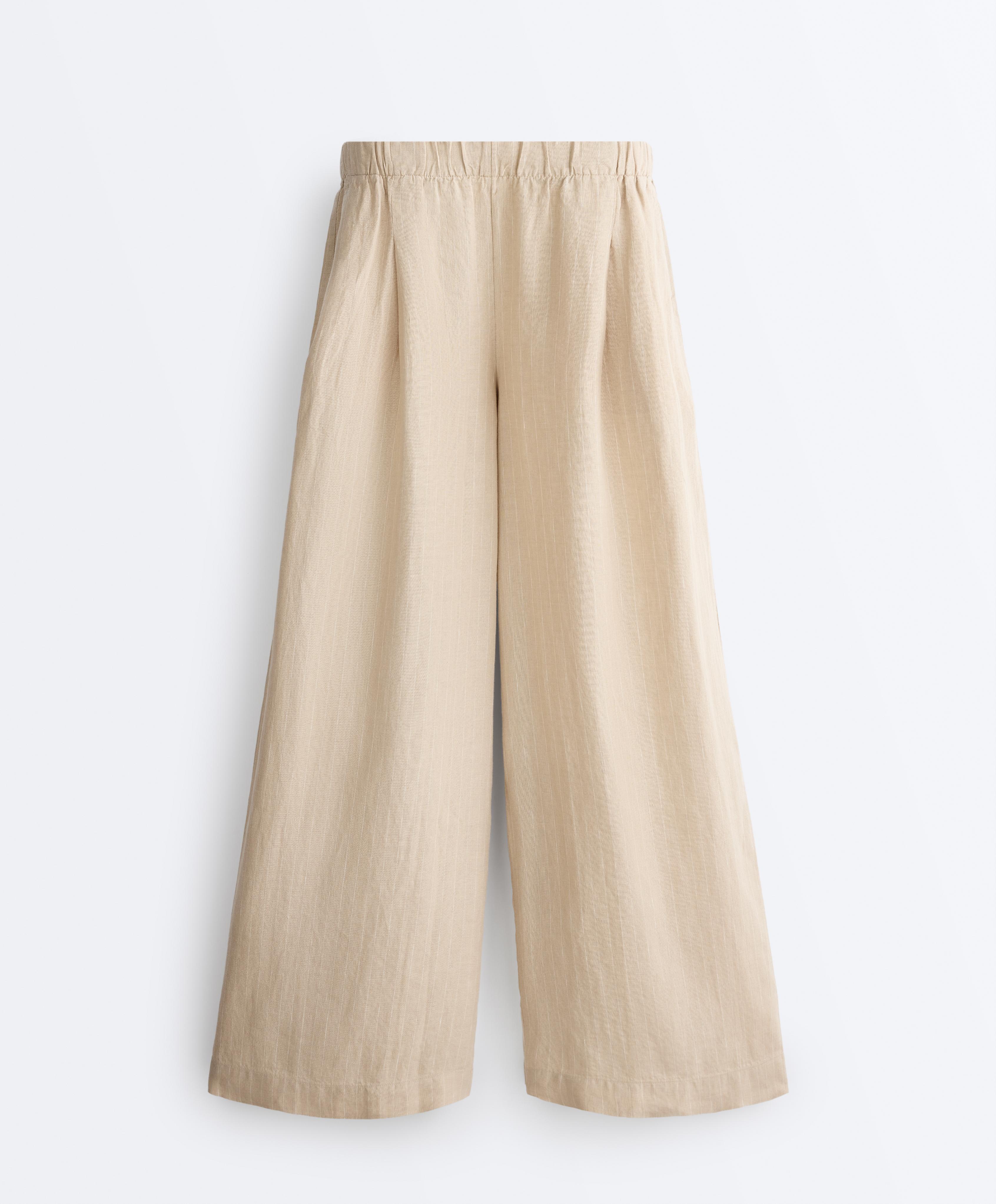 100% linen wide-leg striped trousers — SANDY