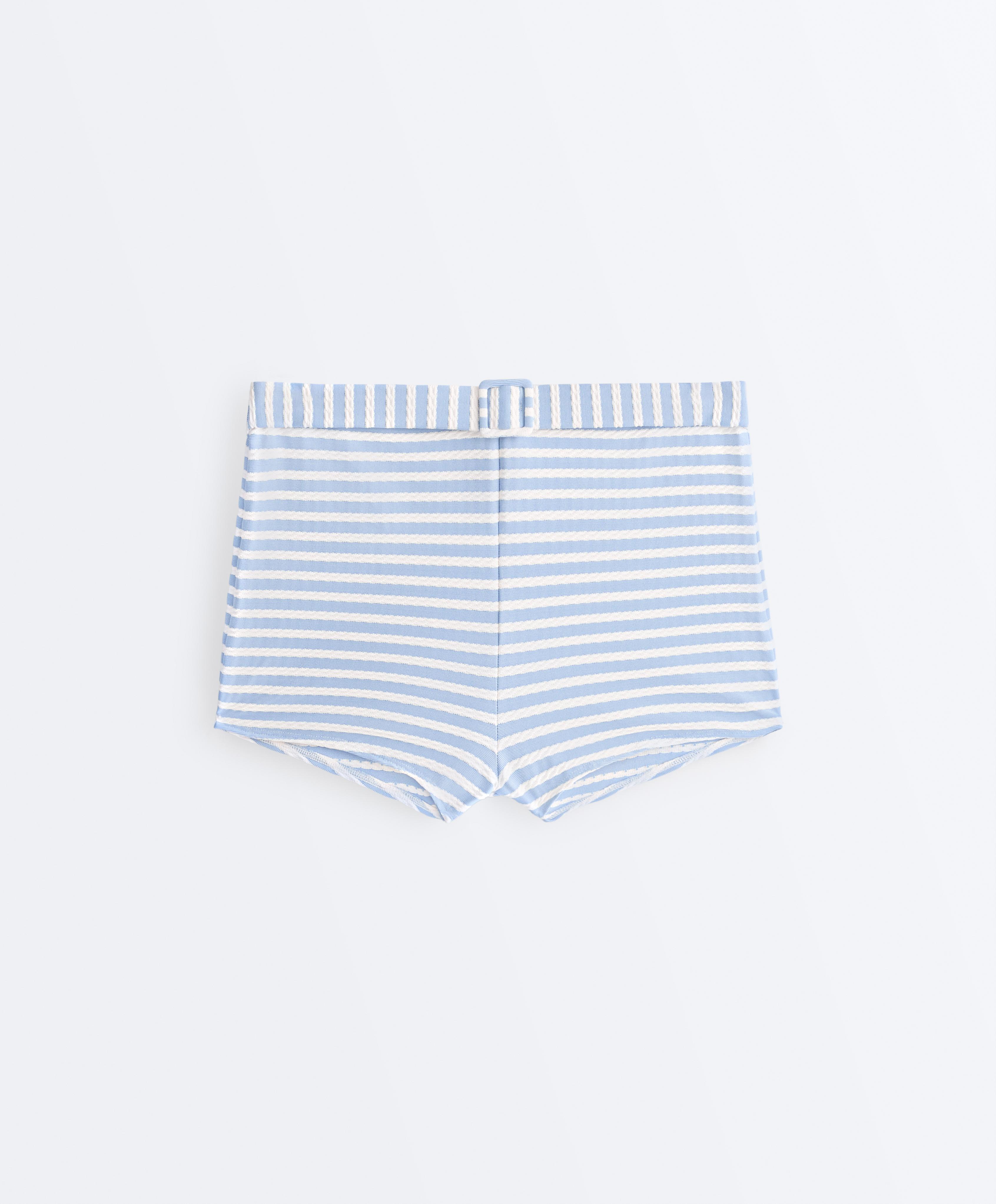 Striped textured high-waisted bikini shorts with belt detail — WASHED SKY BLUE