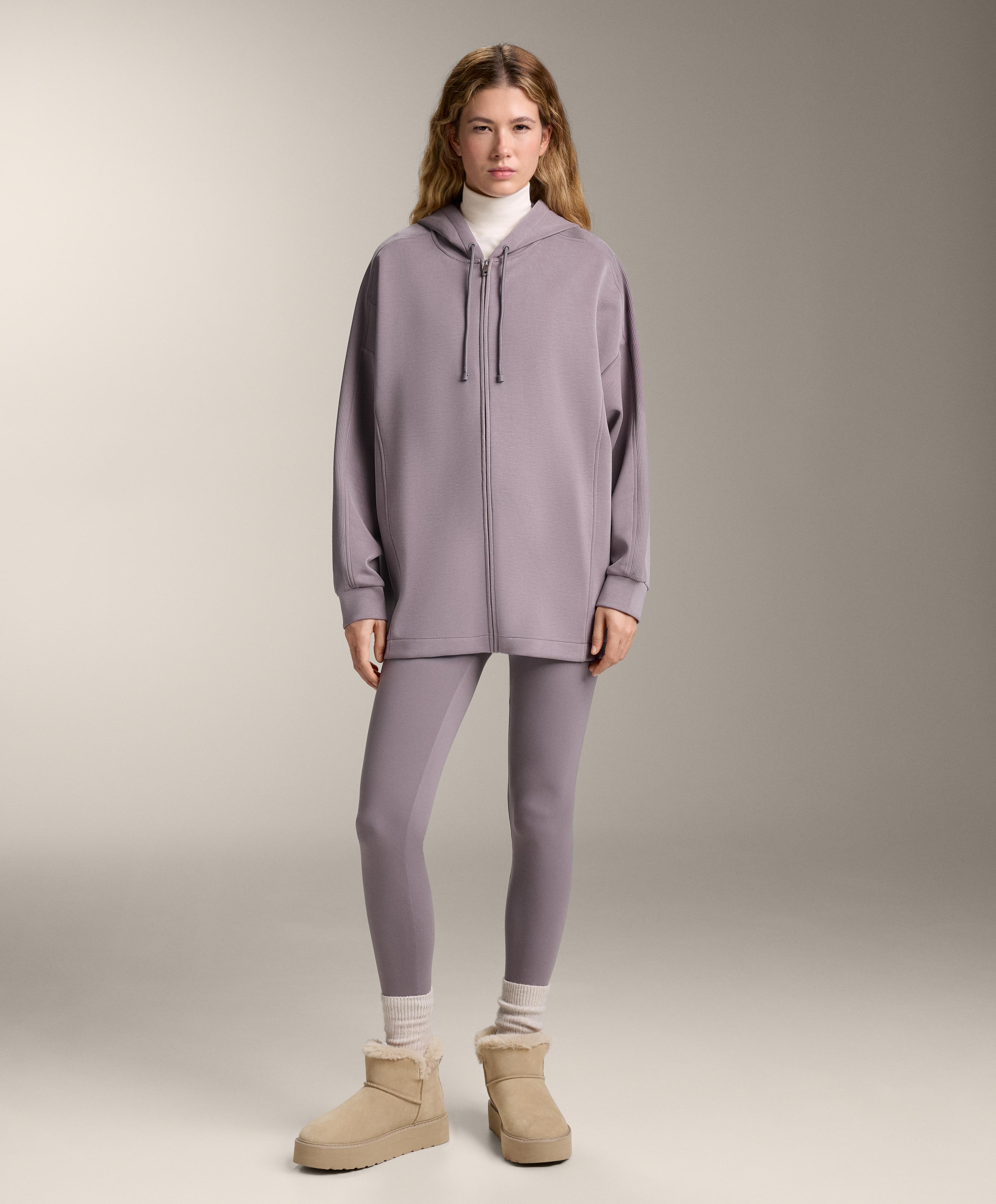 Long hooded jacket with rib details and brushed modal - Sale