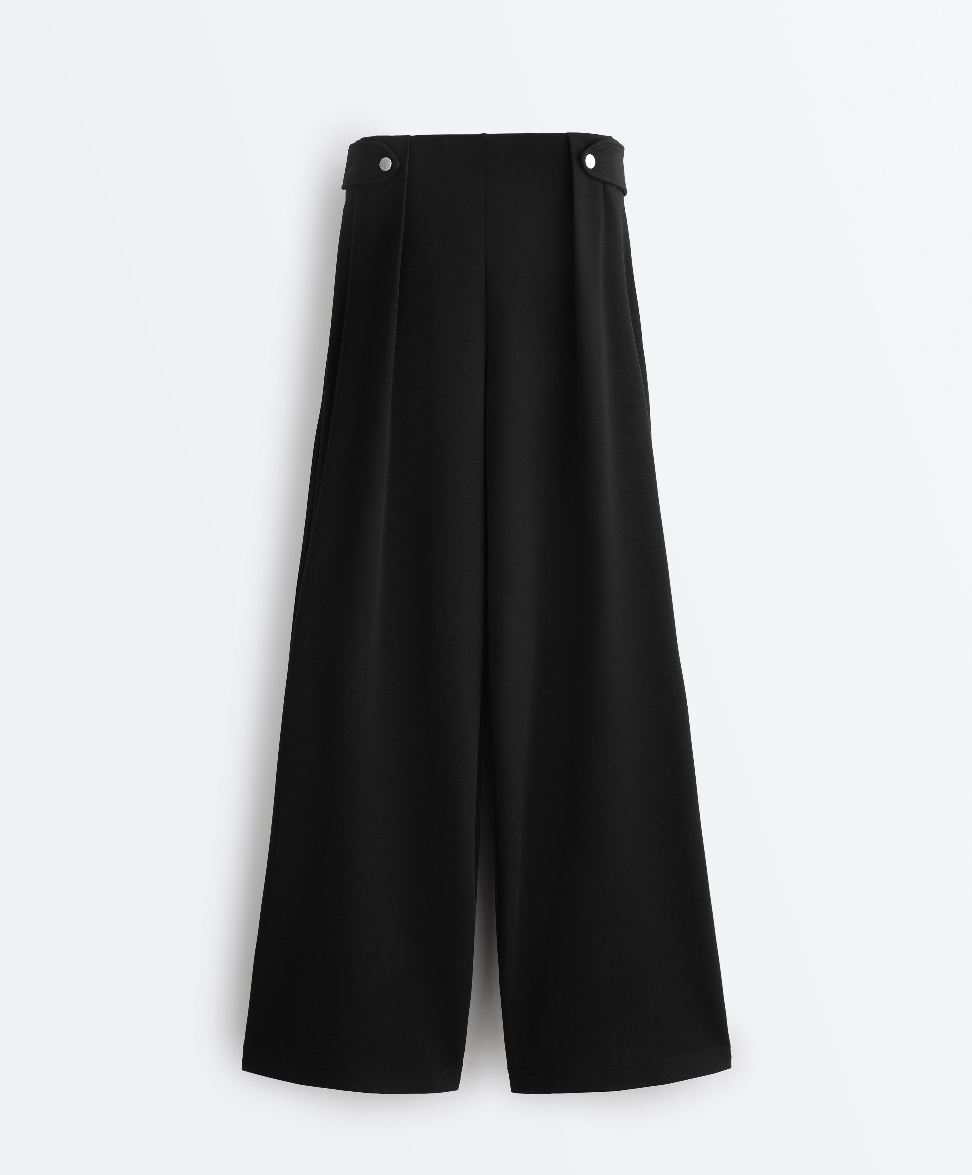 Soft-touch modal wide-leg trousers with pleat waist detail — BLACK
