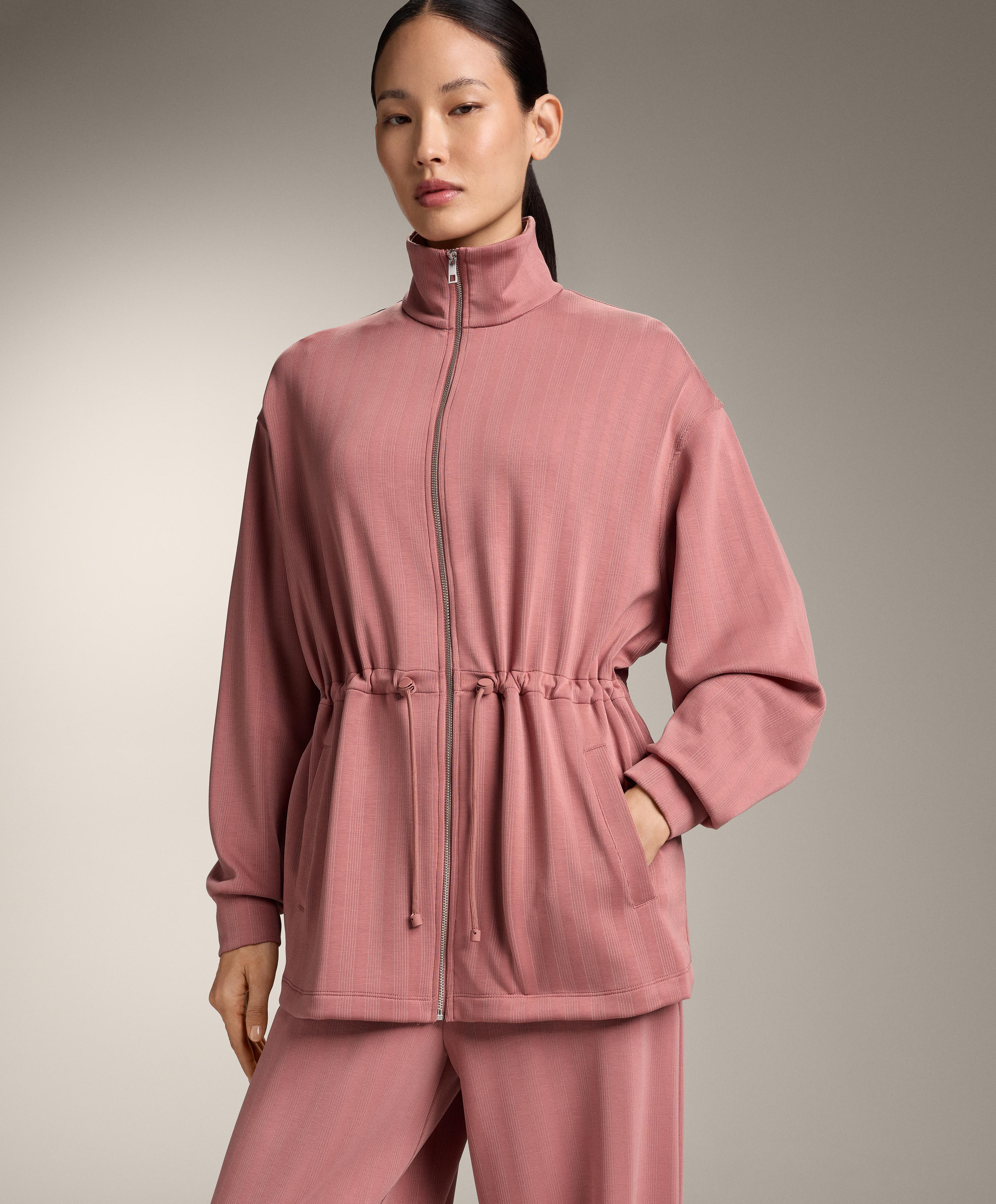 Long jacket with adjustable waist and striped texture — RUSSET MOCHA