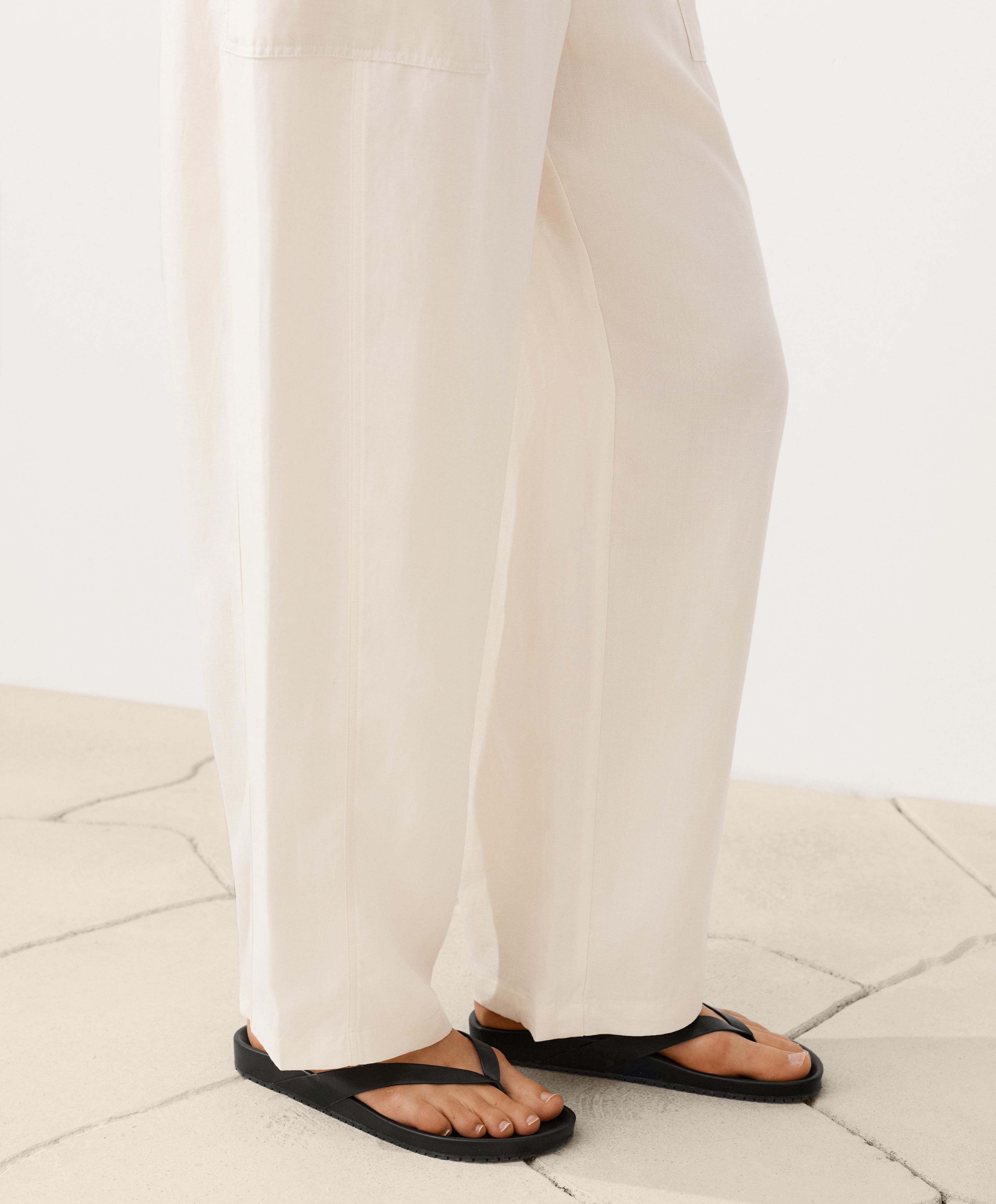 Lyocell blend and 24% linen straight trousers — PALE ECRU